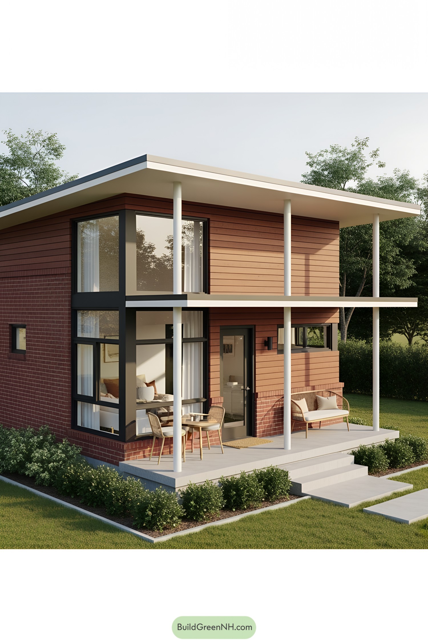 Modern tiny house with a midcentury aesthetic and large windows