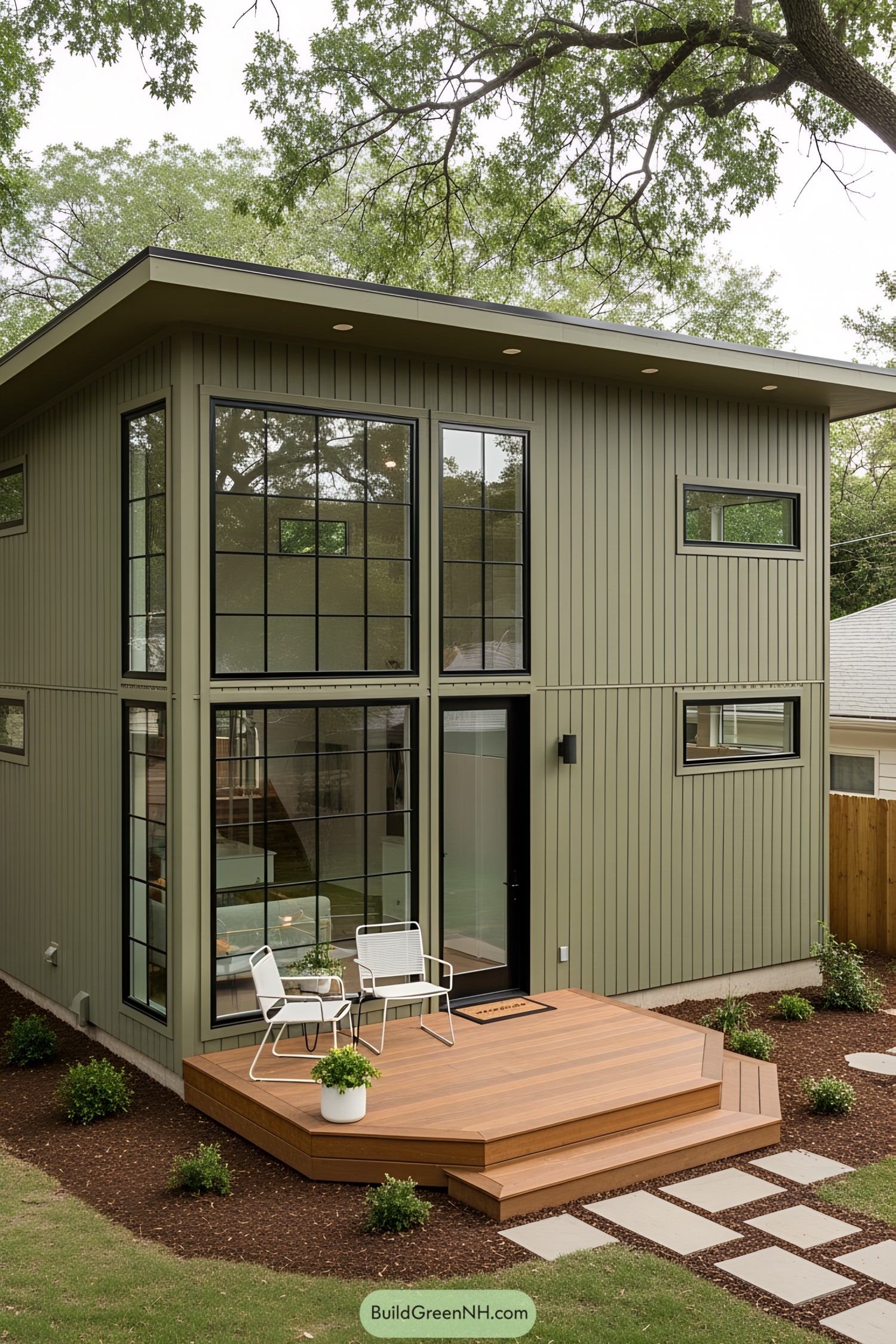 Olive-toned tiny house with expansive windows and wooden deck