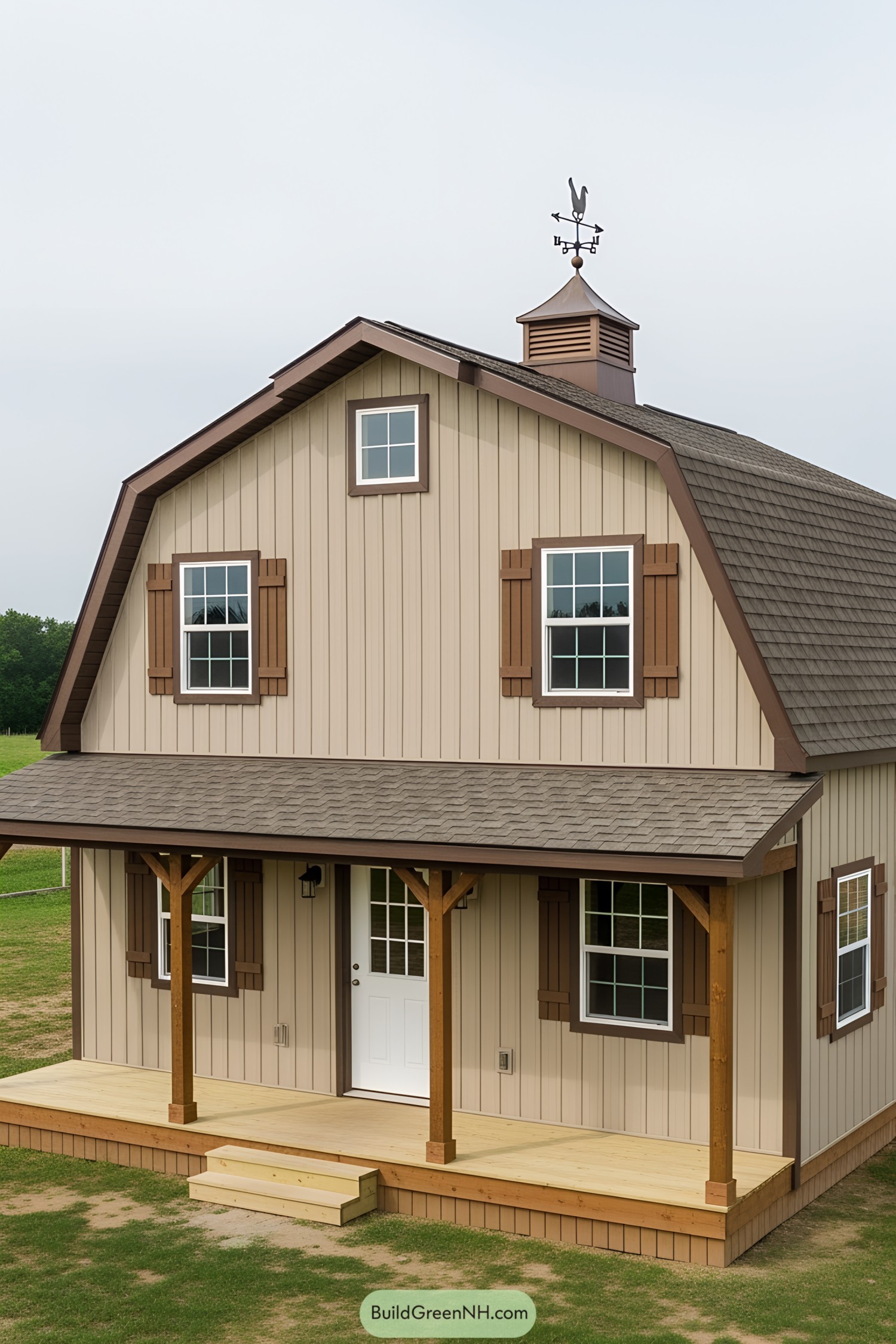 Creamy tan barn house with brown accents and white door