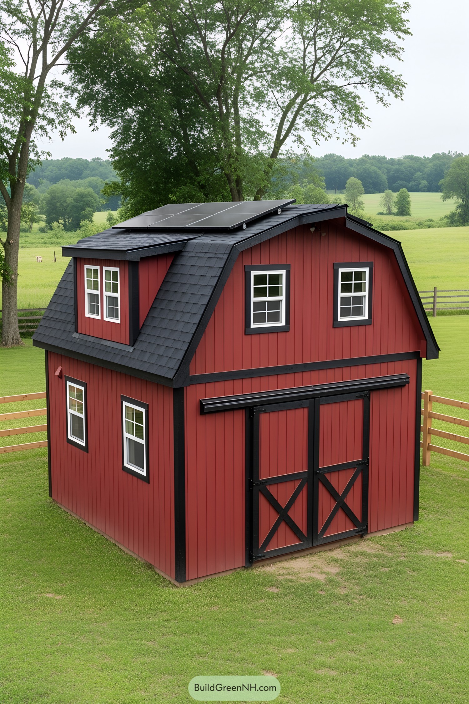 Mini barn house with solar panels and red facade