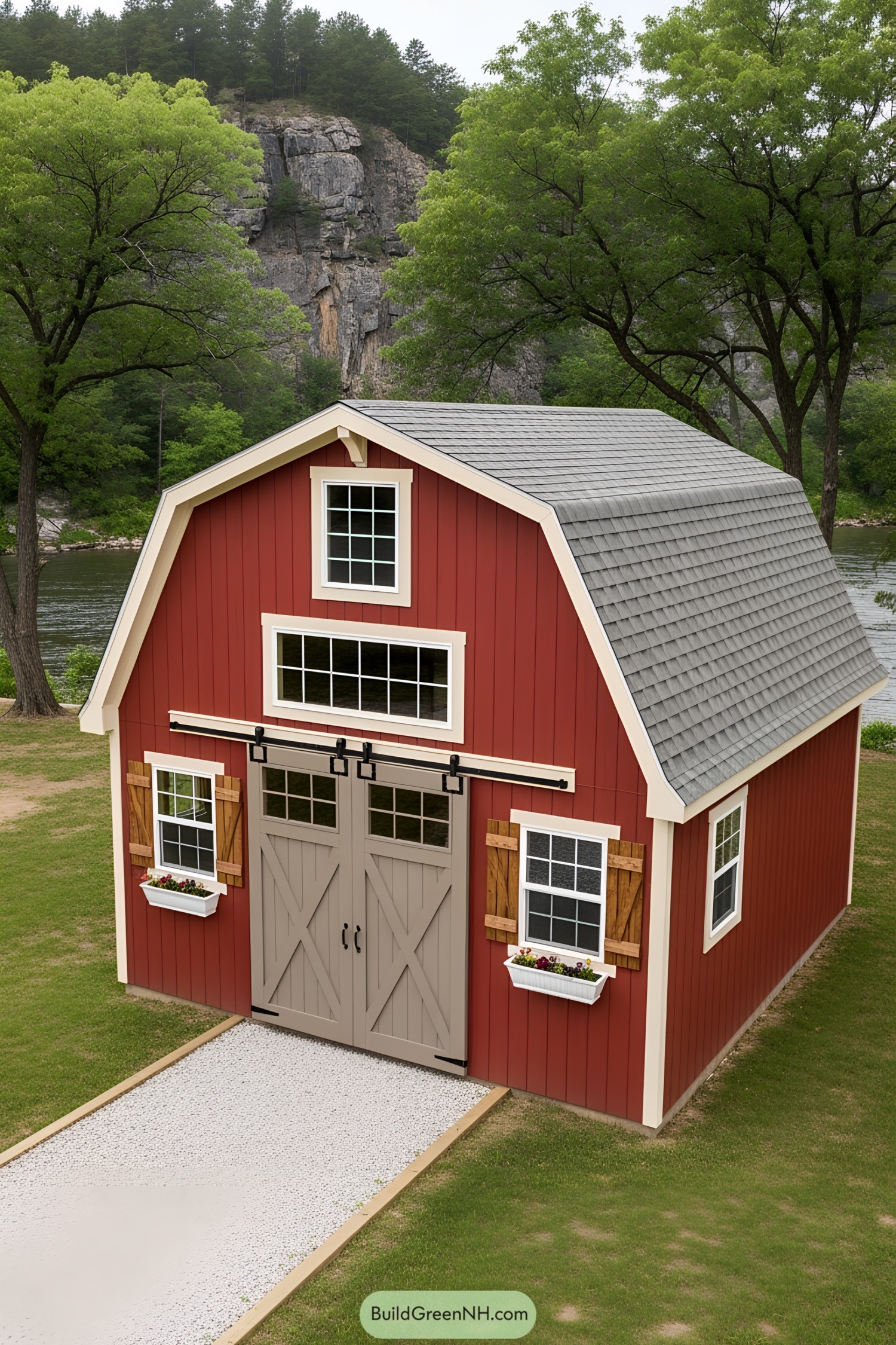 Charming red mini barn with large barn doors and white accents