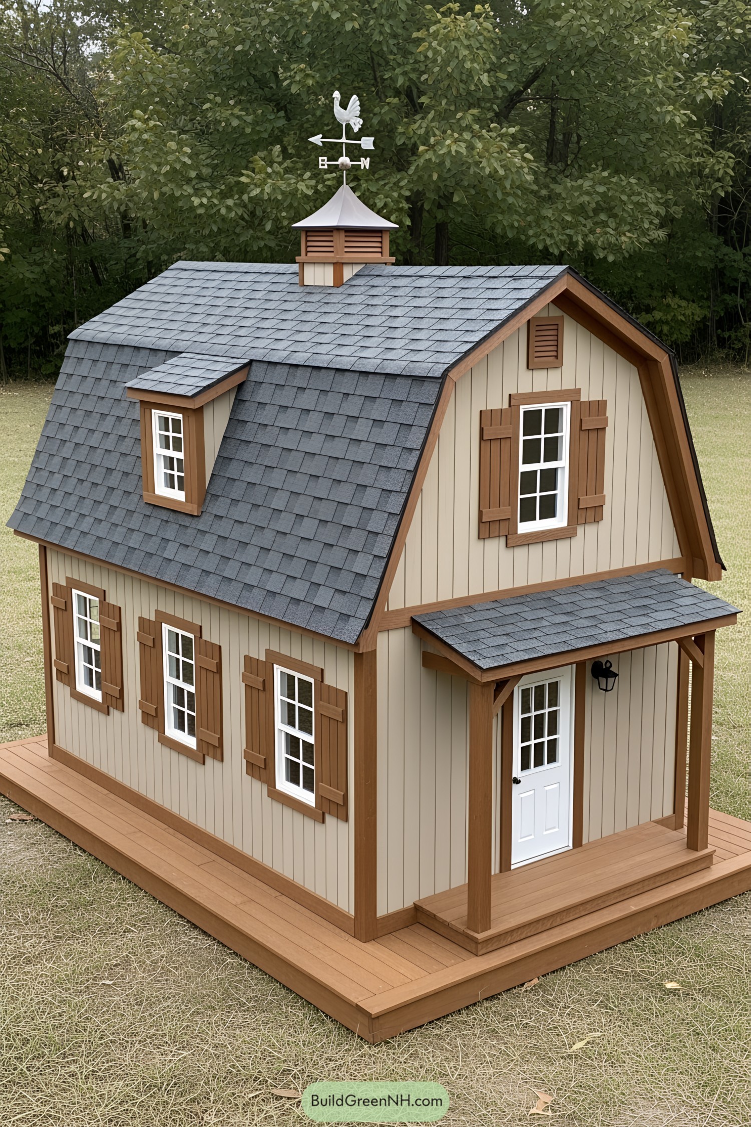 Cozy tan mini barn house with wooden shutters