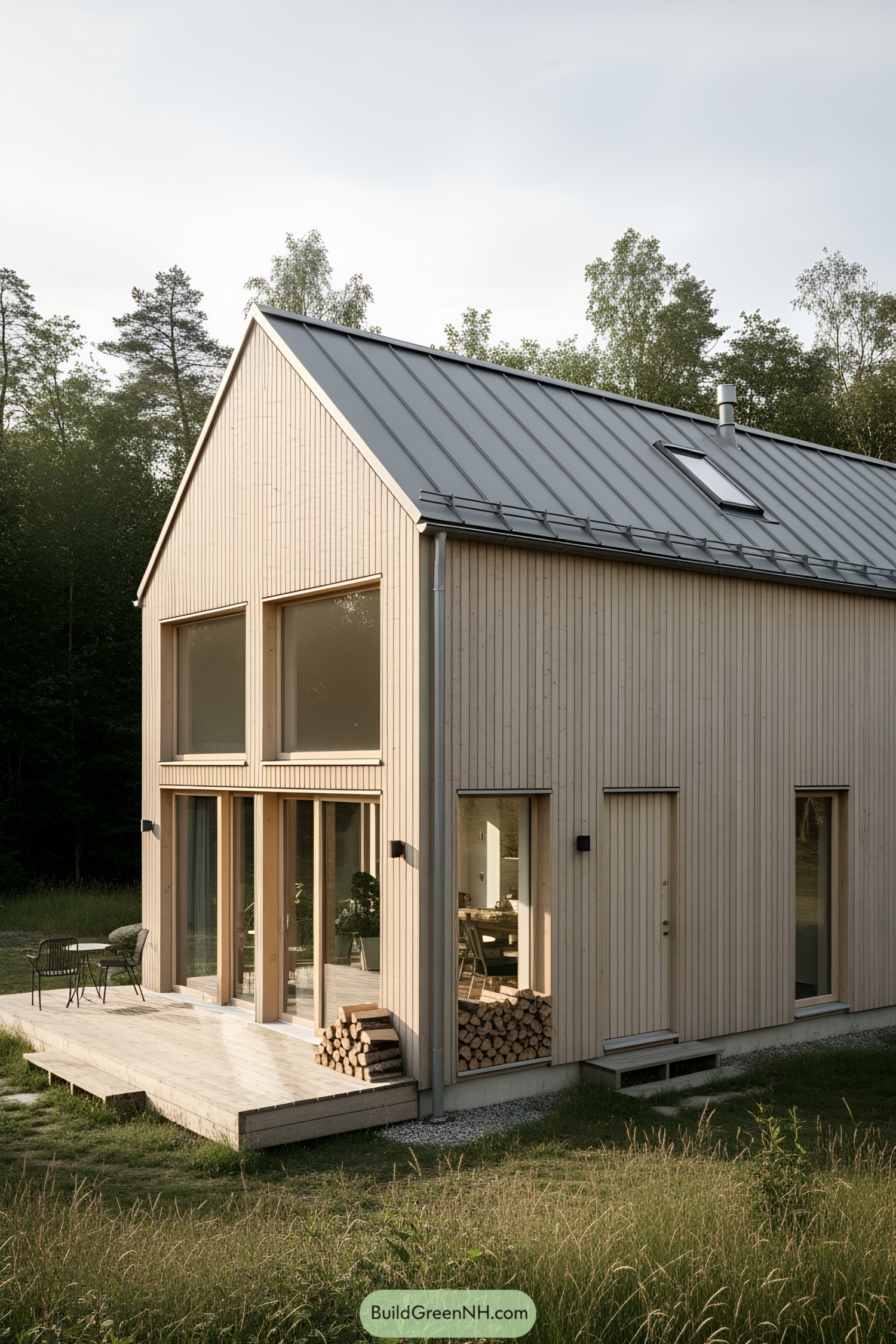 Contemporary wooden mini barn house with metal roof
