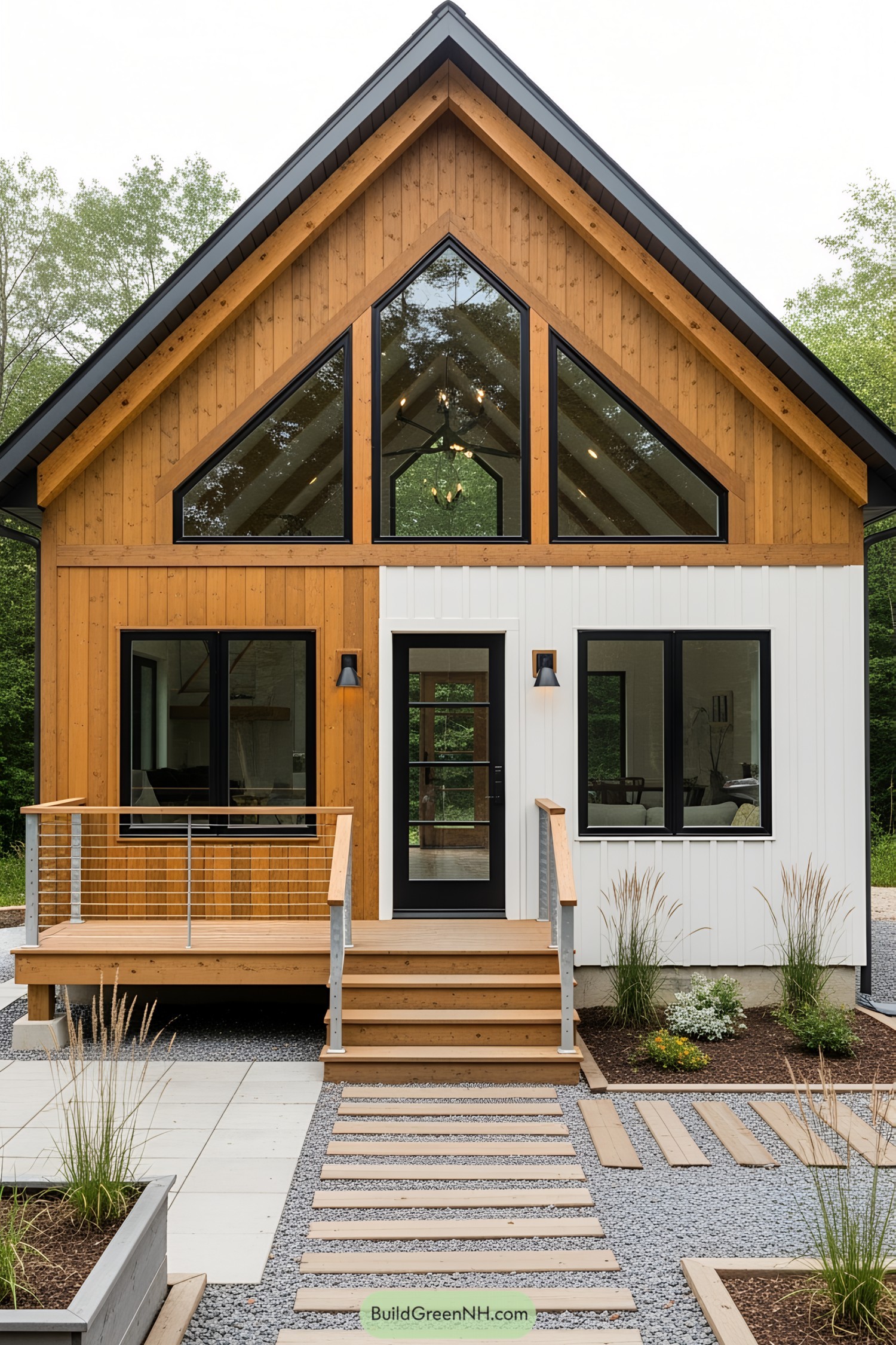 Front view of a modern mini barn house with a wooden facade and large triangular windows