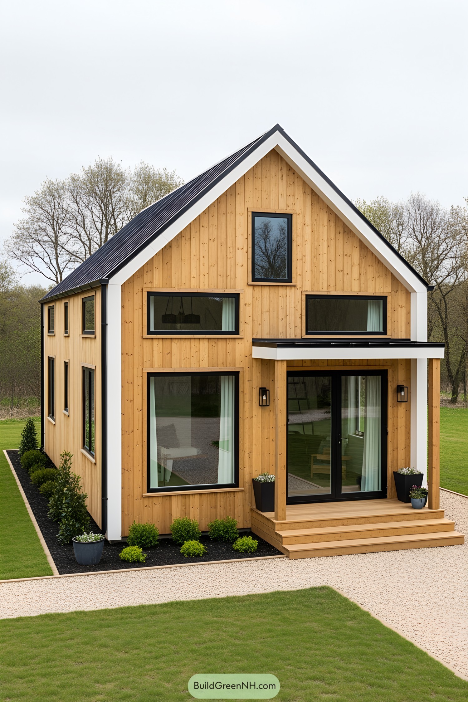 Cozy wooden barn house with large windows