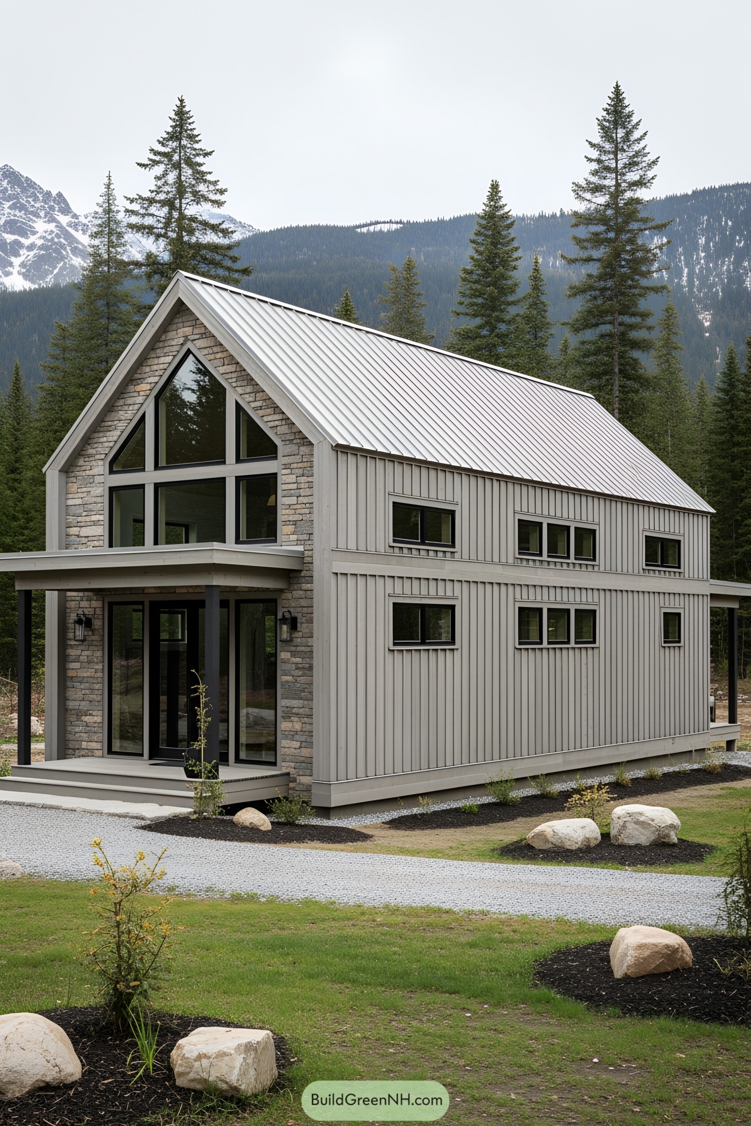 Small, modern barn house surrounded by nature