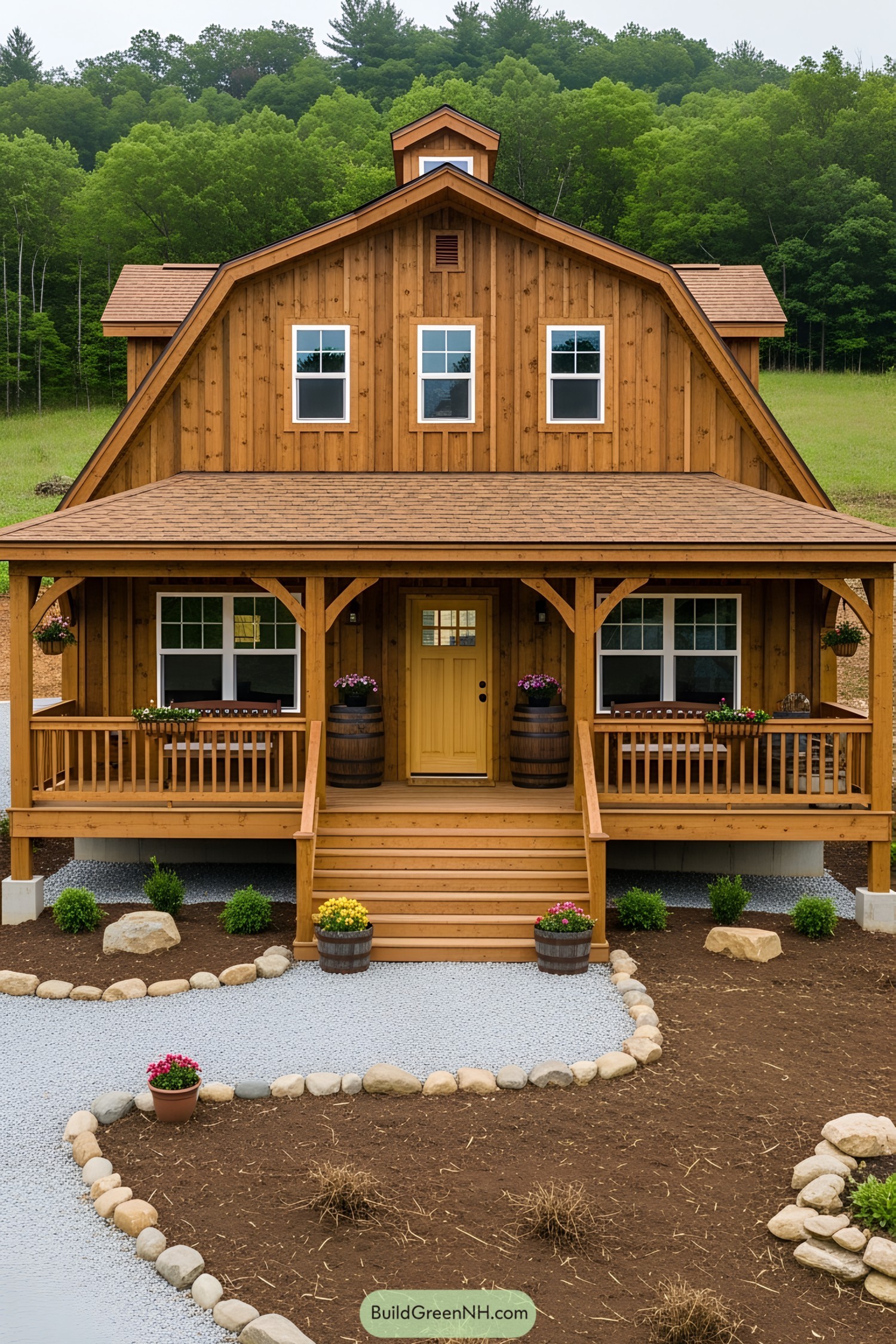 A charming mini barn house with a porch and rustic accents