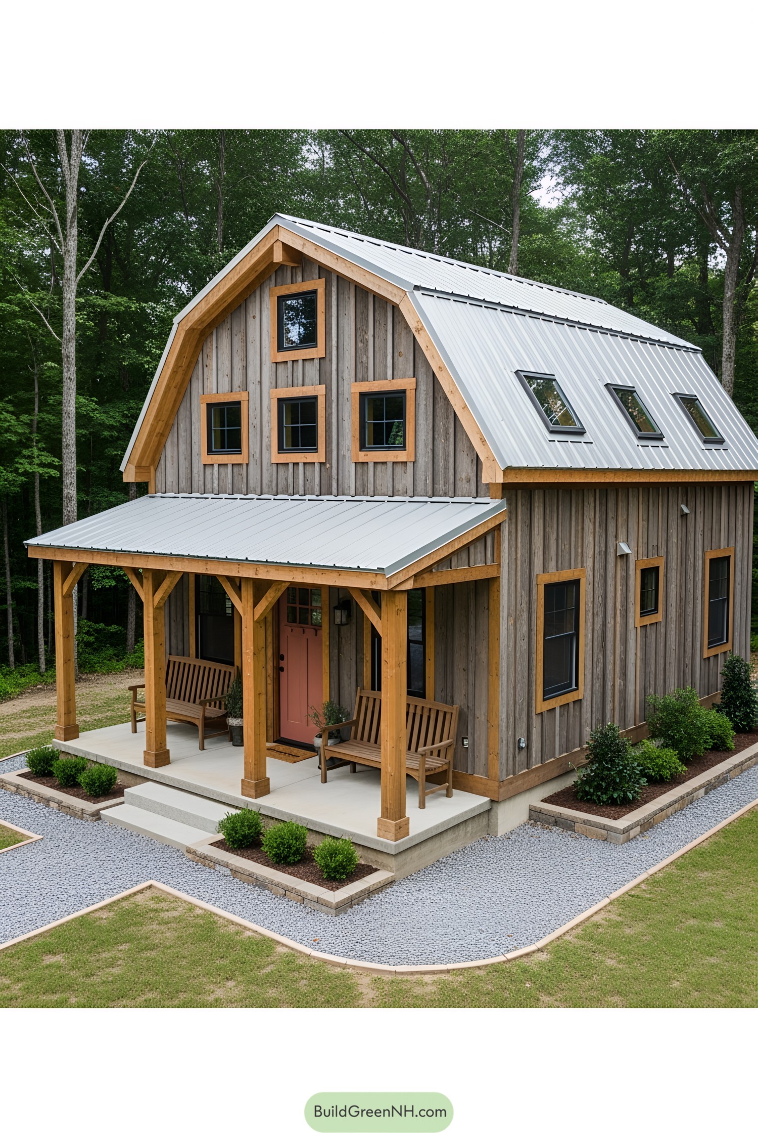 Cozy barn-style house with a charming porch and metal roof