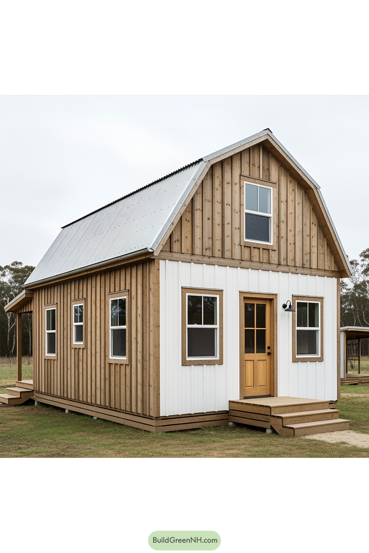 Cozy wooden barn-style home with front steps