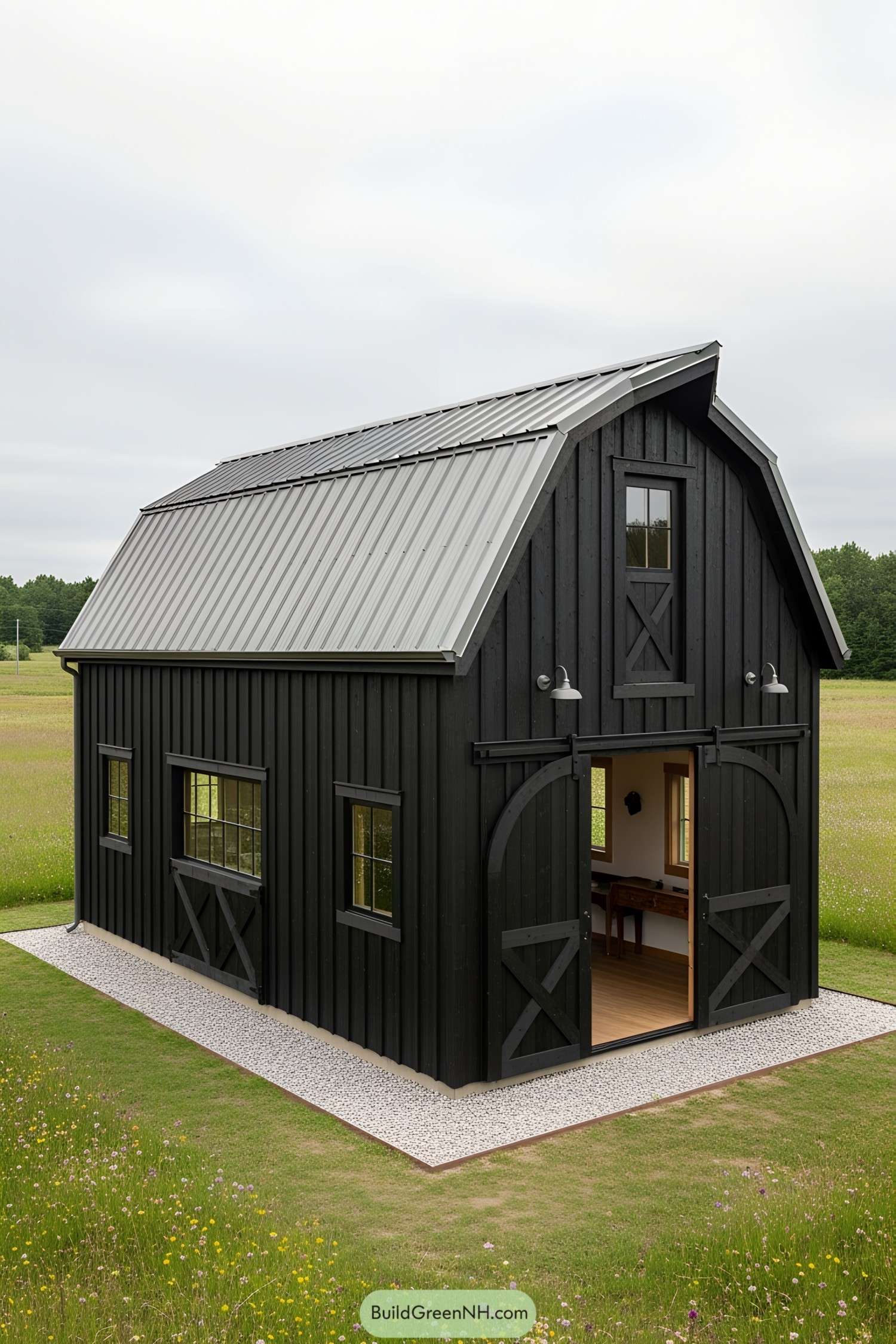 Compact black barn house with open door