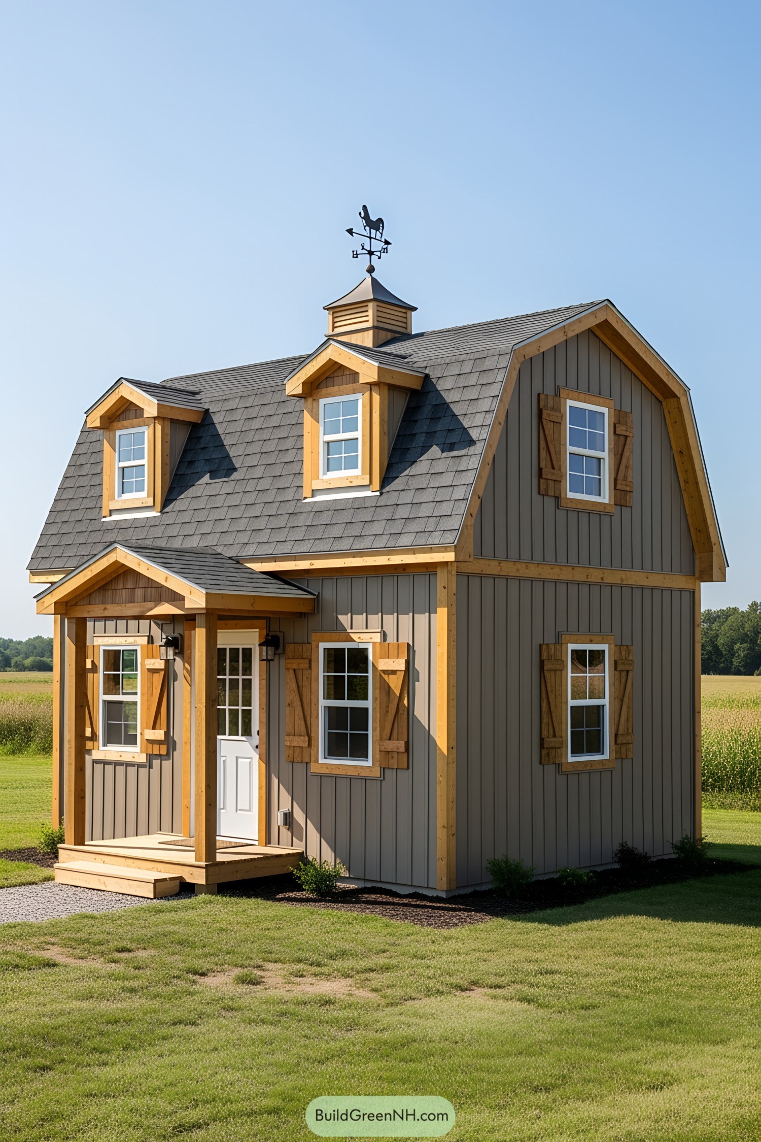 Small gray barn house with wooden accents