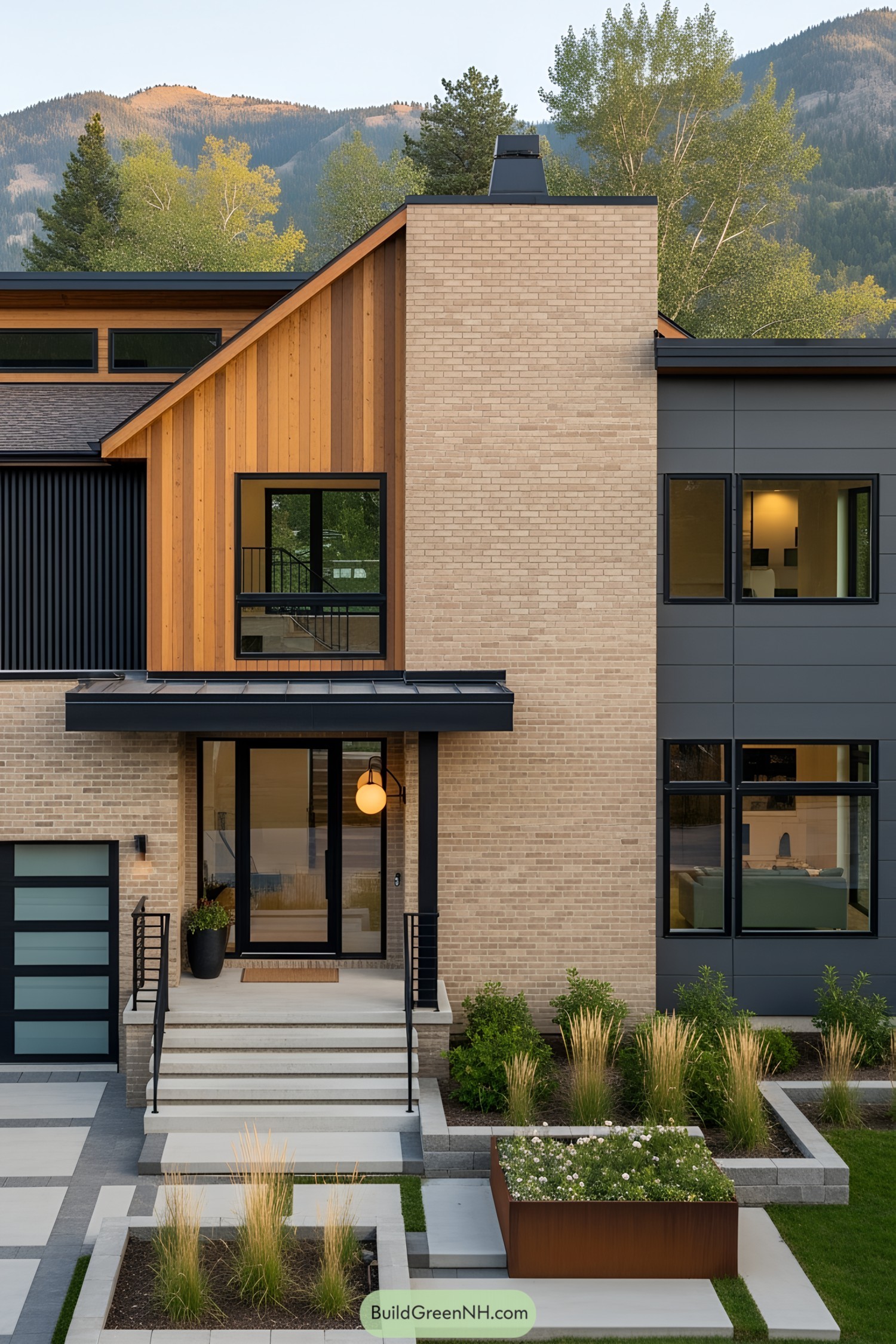 Modern house with a tall brick chimney against mountain backdrop