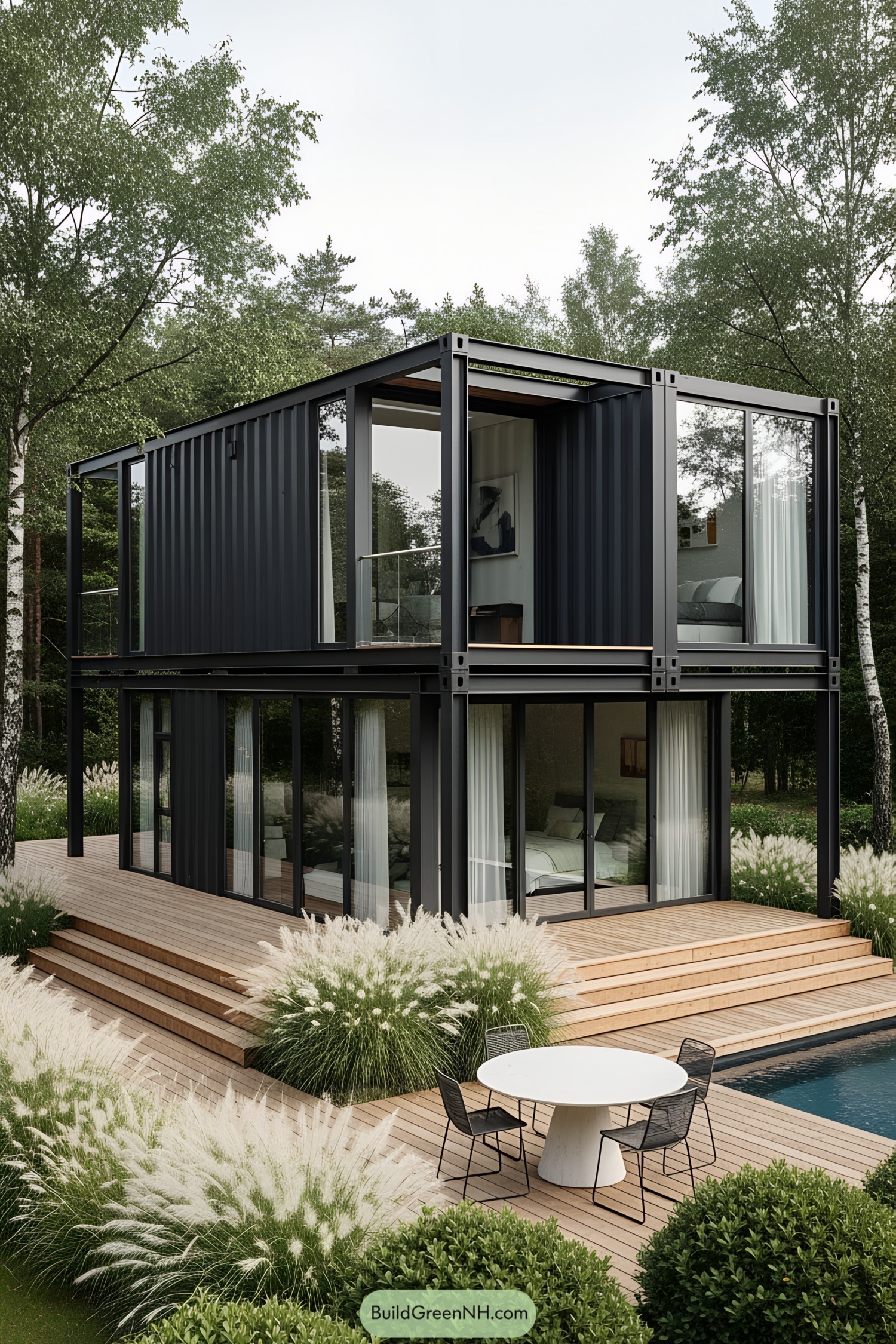 Modern container home with wooden deck