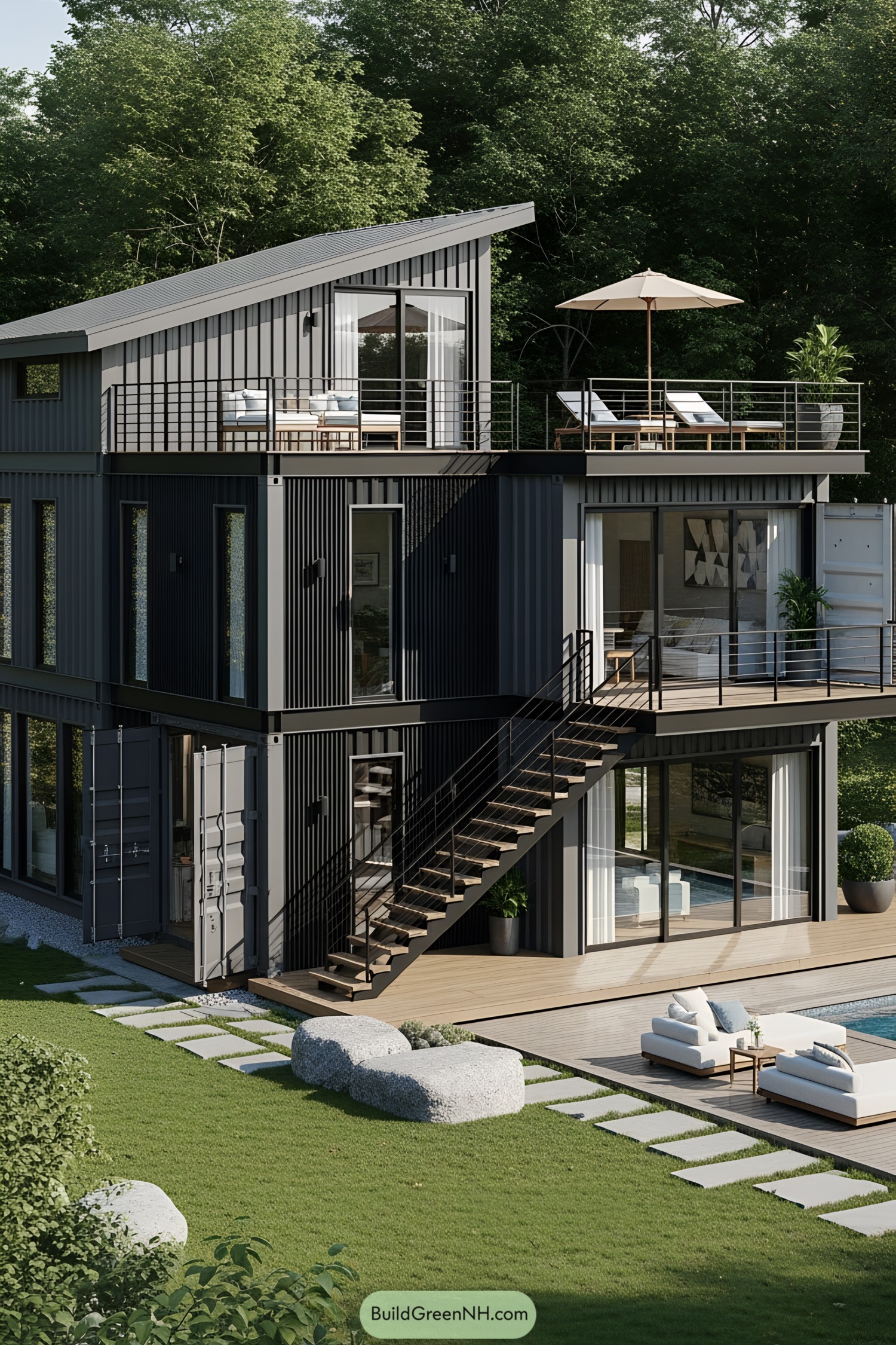 Modern container house with rooftop deck and outdoor furniture