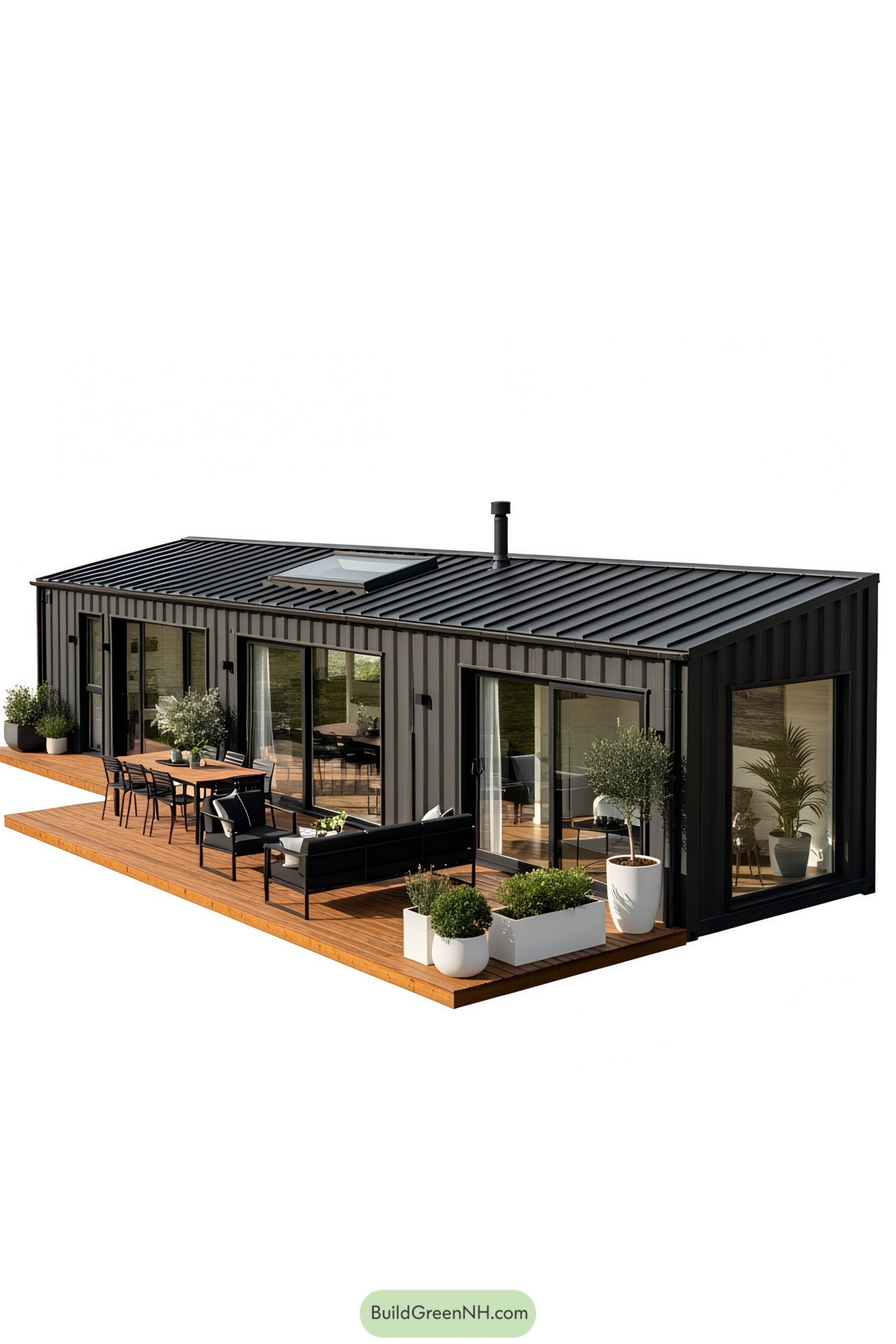 Modern container home with wooden deck and glass doors