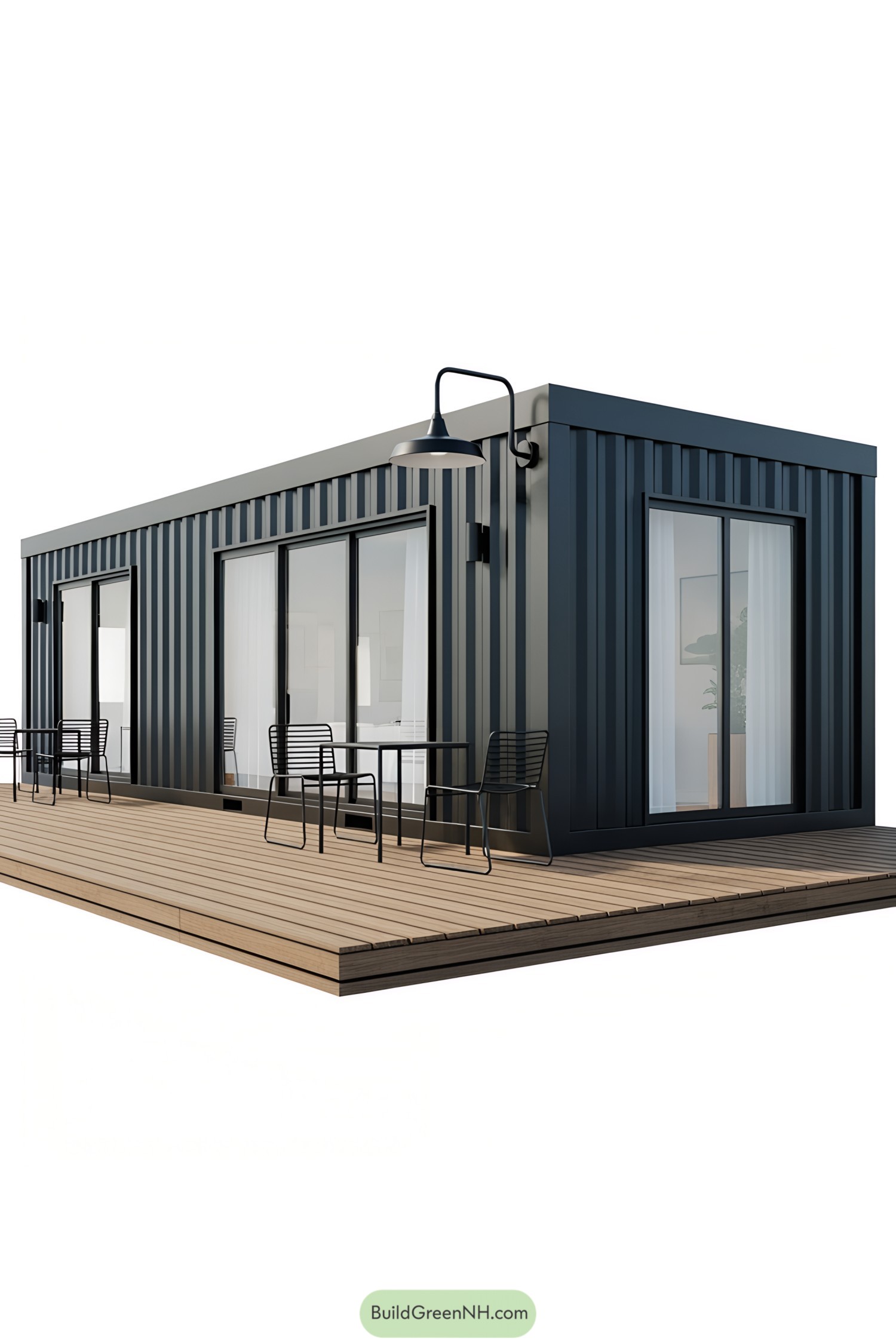 Modern container home with a wooden deck and outdoor seating