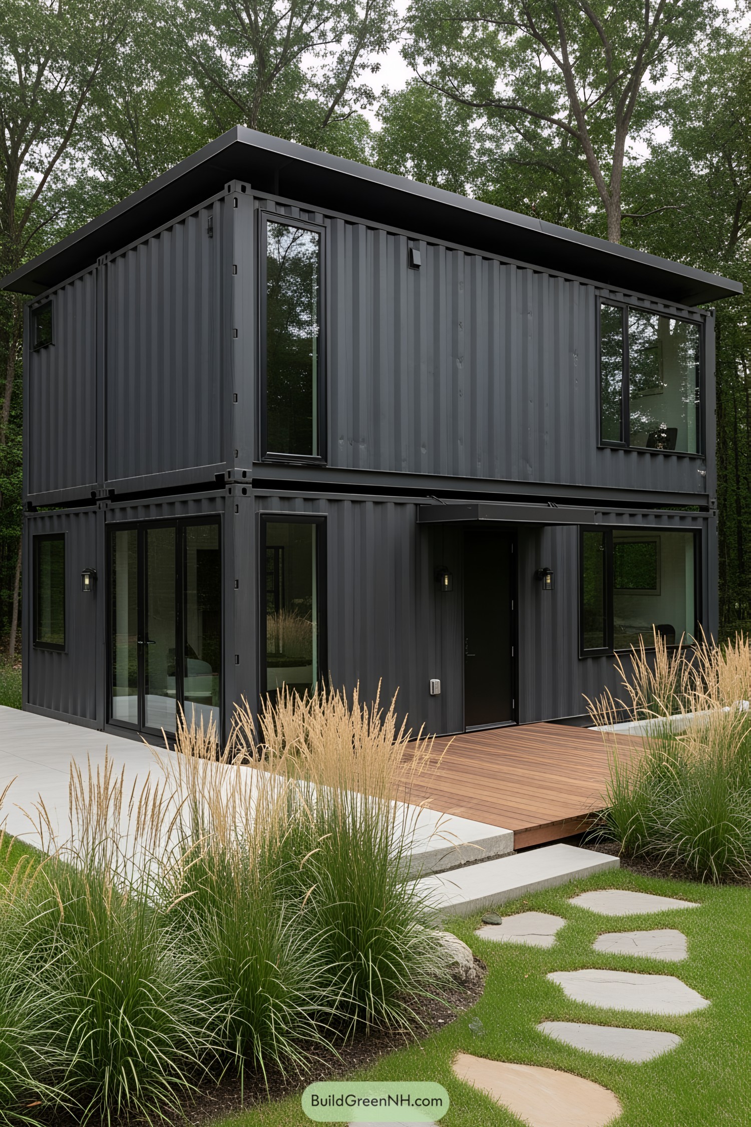Modern container home with sleek design surrounded by greenery