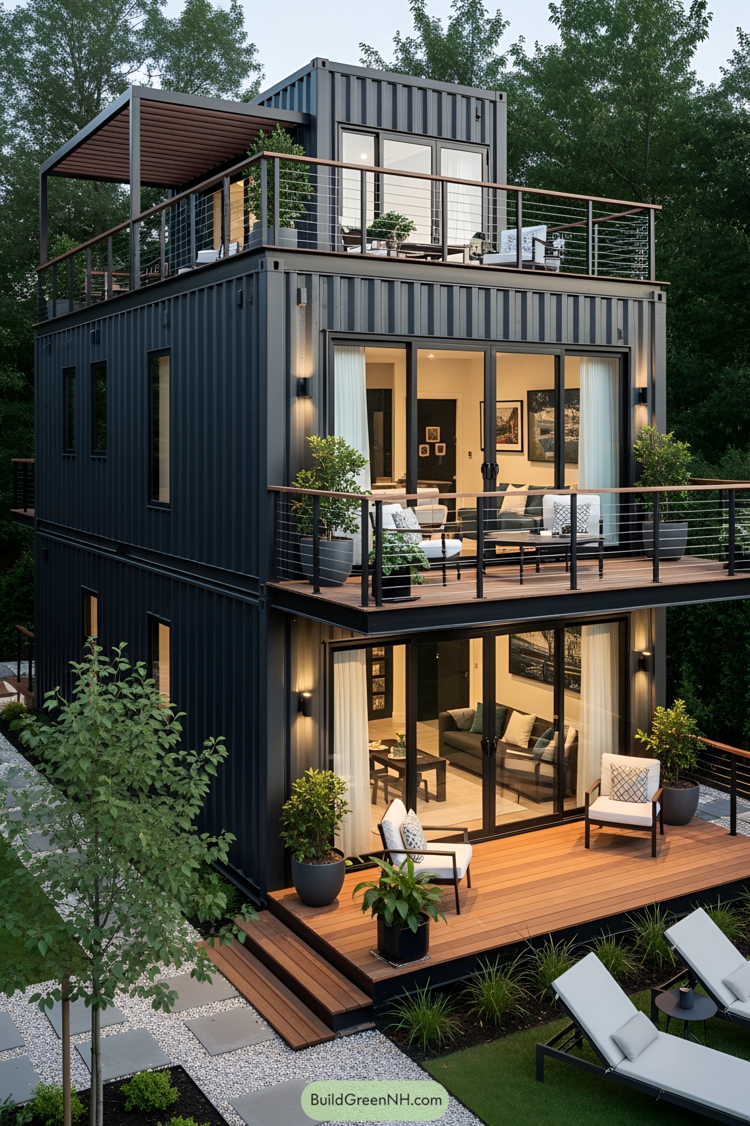 Modern container house with multiple decks and greenery