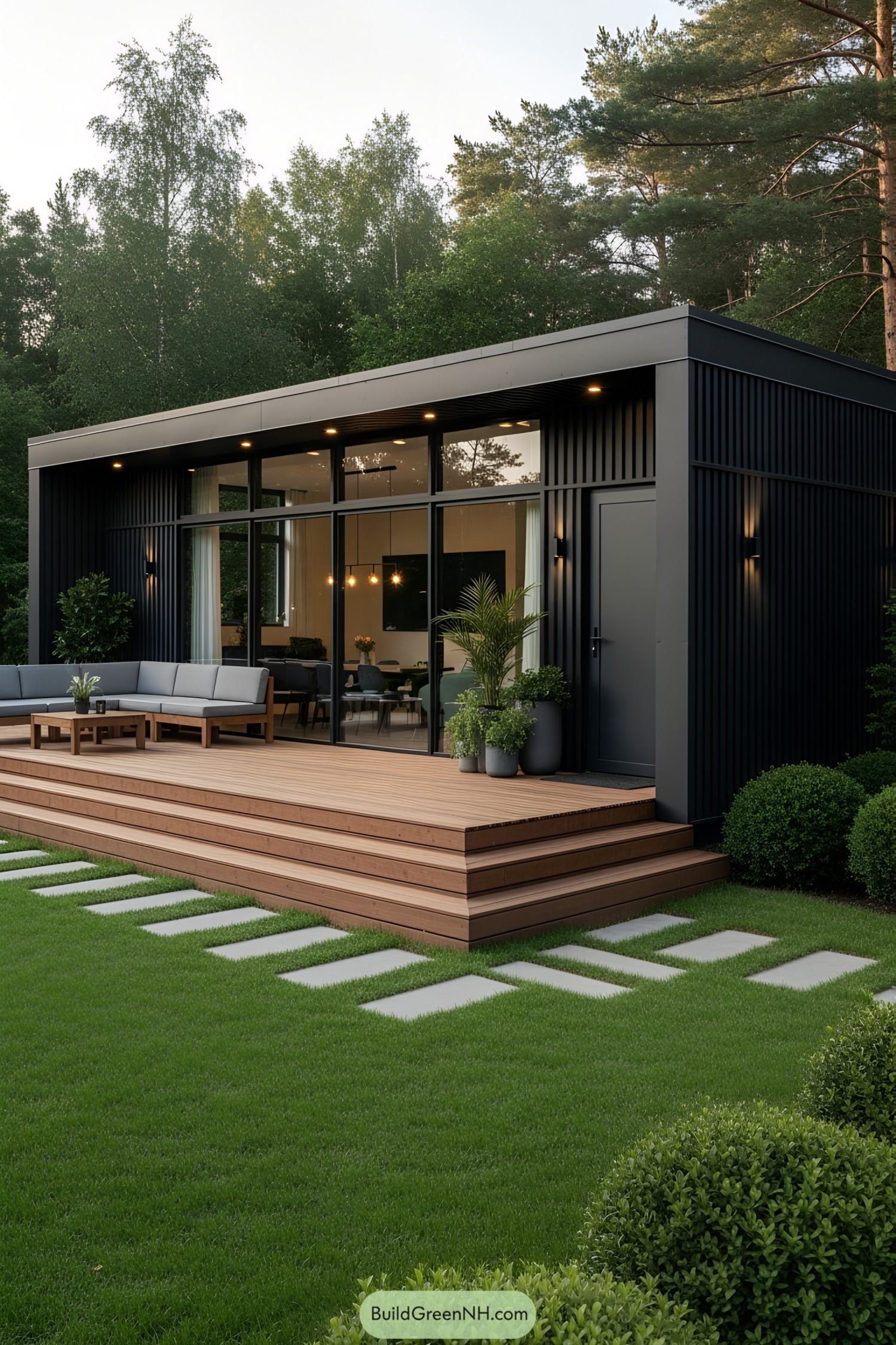 Modern container home with wooden deck and large windows