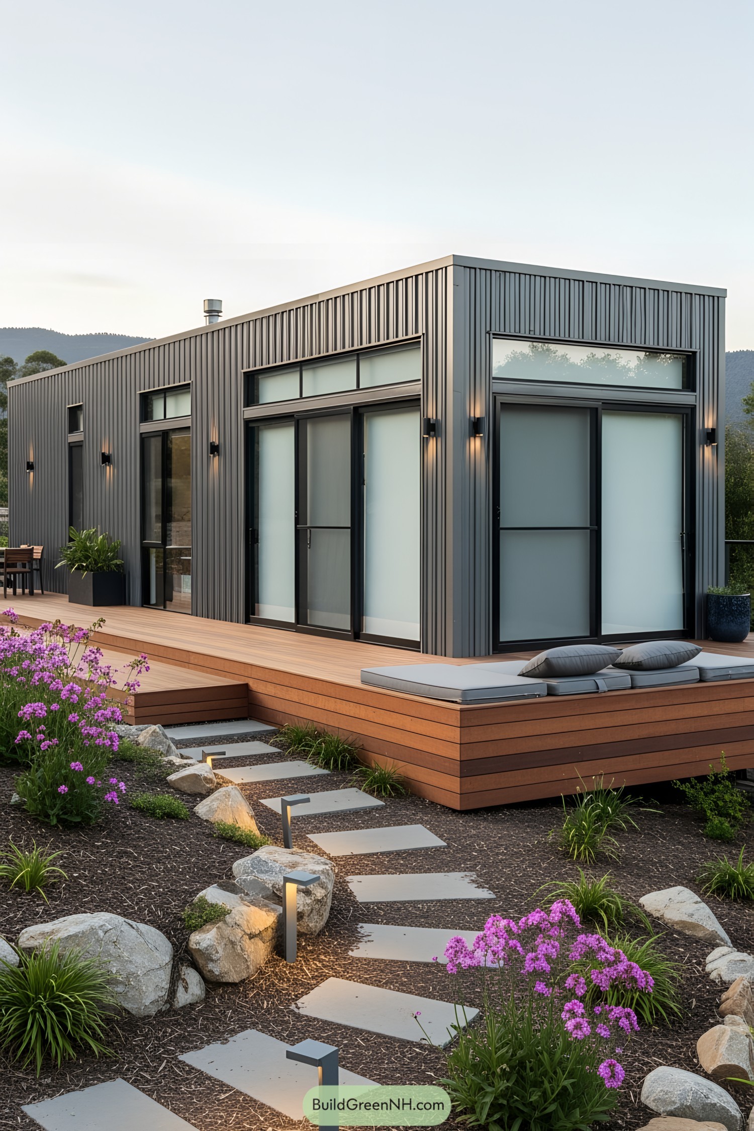 Modern container home with sleek design, wooden deck, and garden path