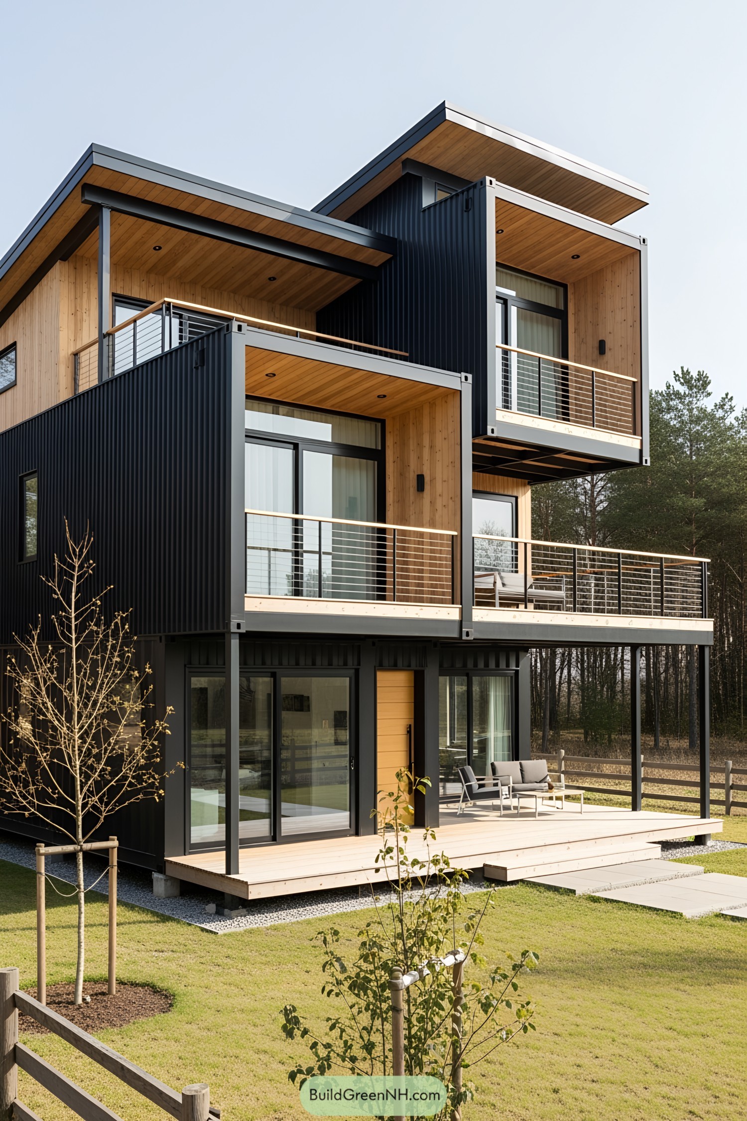 Modern container house with sleek design and greenery