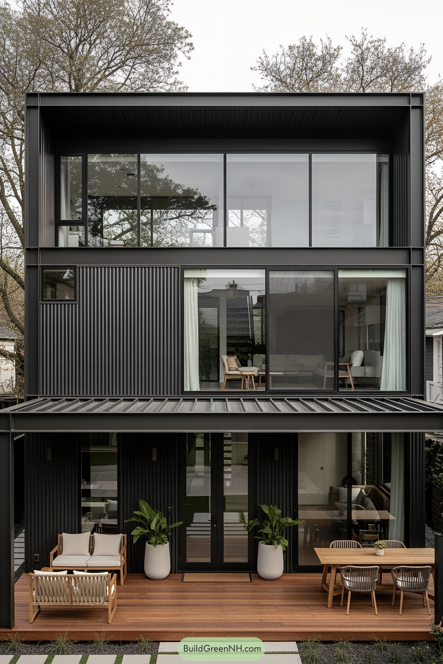 Sleek black container home with large windows and cozy deck