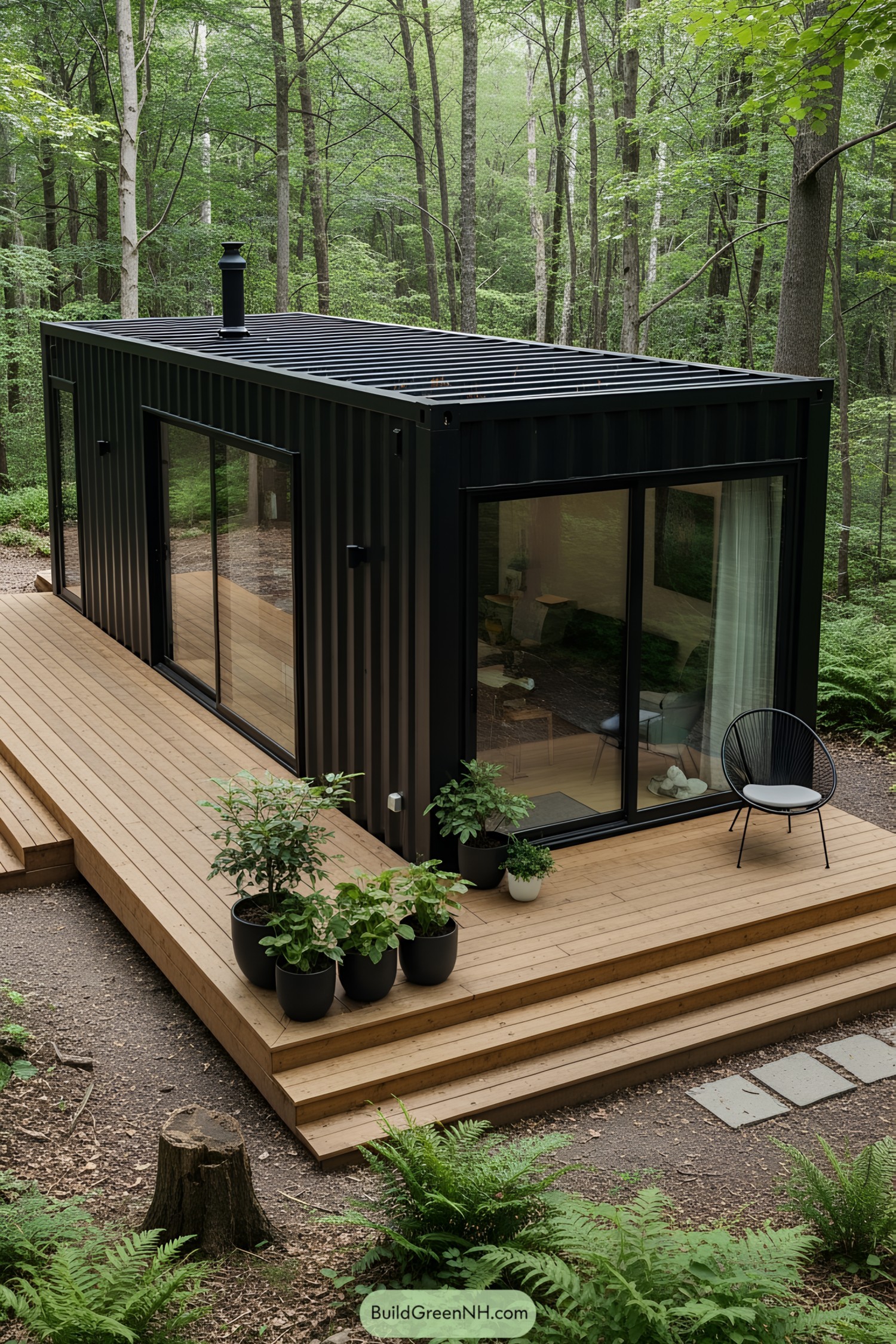 Modern container home nestled in a forest with a wooden deck