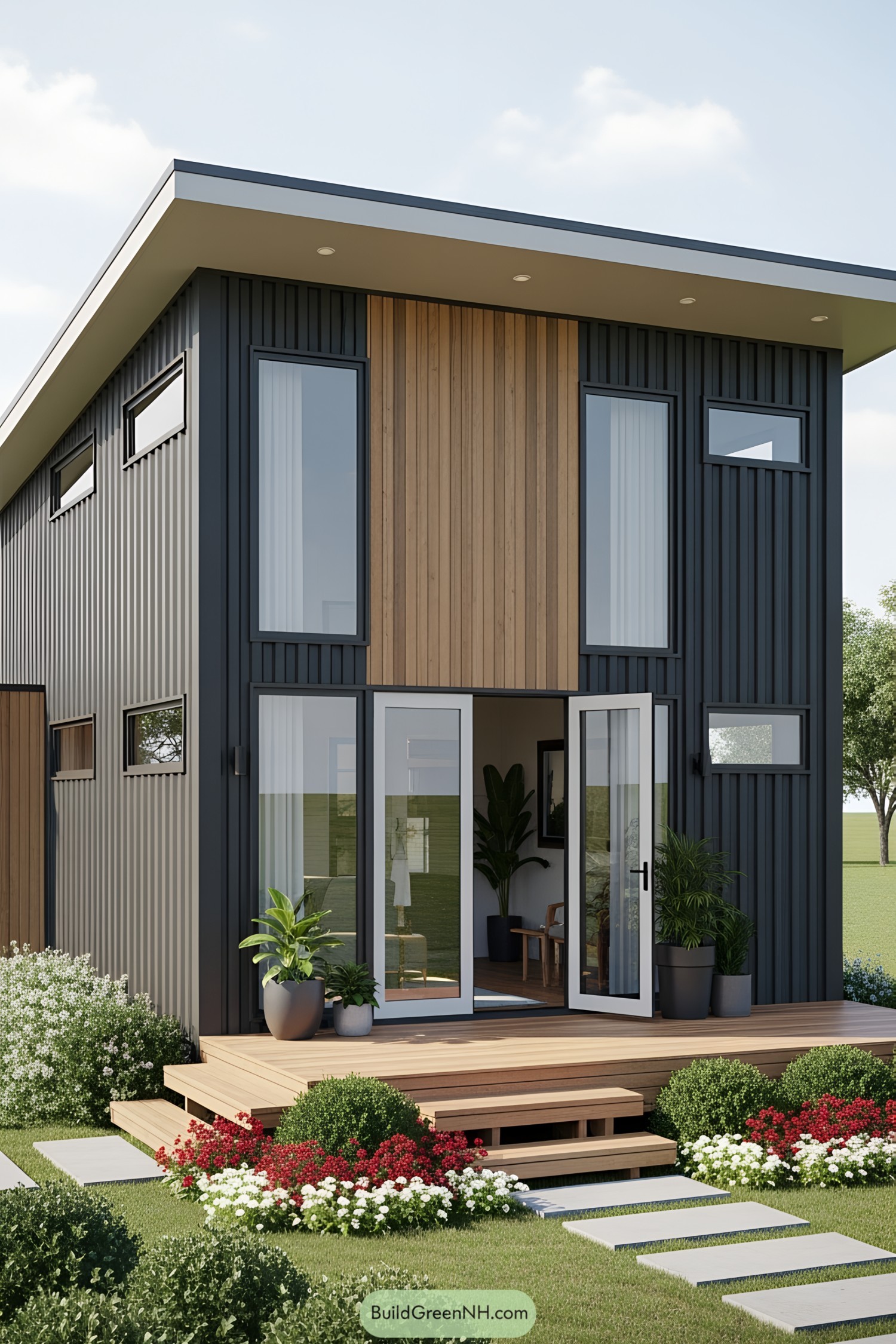 Modern container house with wooden accents and a cozy deck