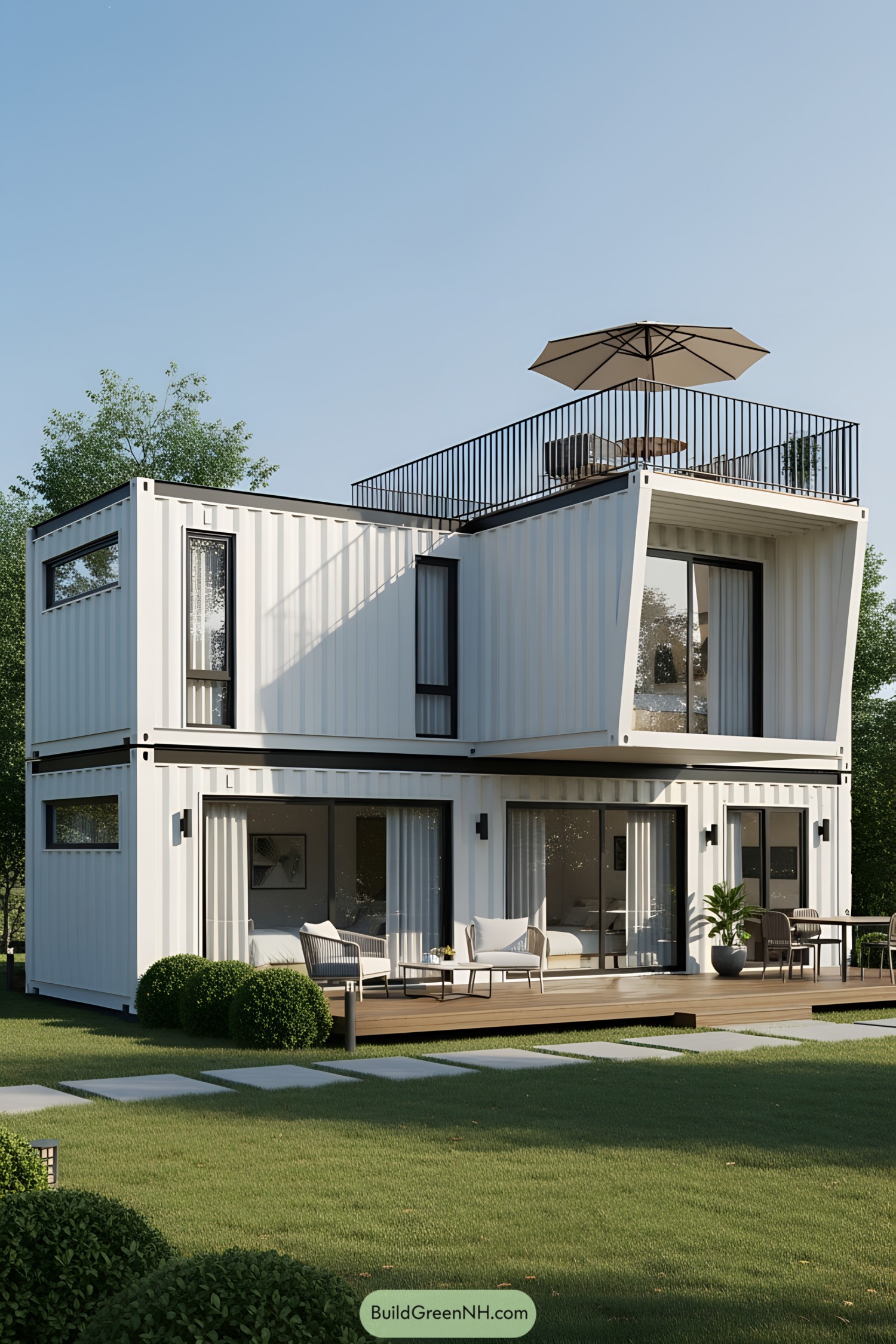 Two-story container house with rooftop patio