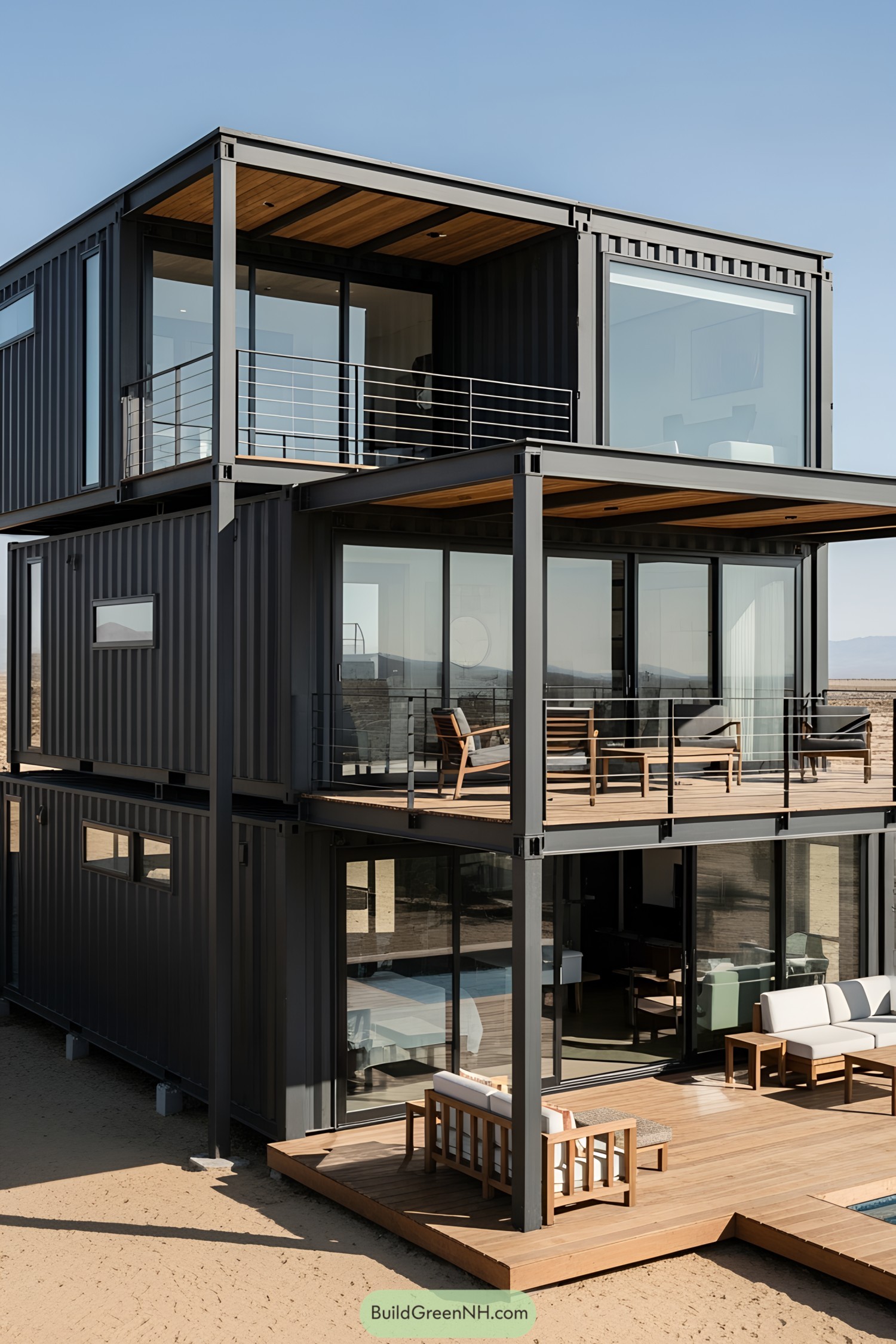 Sleek container home with floor-to-ceiling windows and terraces