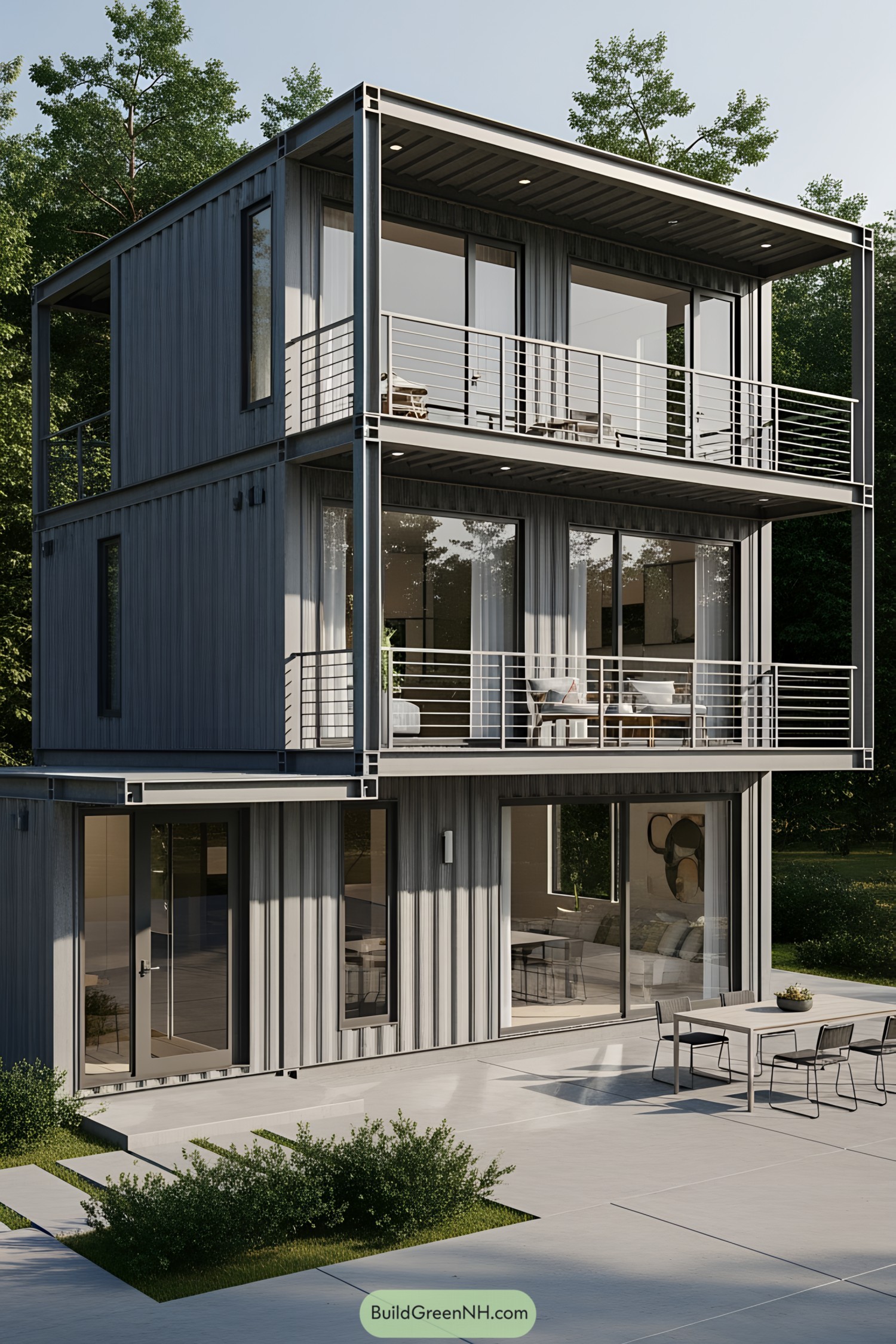 Stylish container house with two balconies amidst greenery