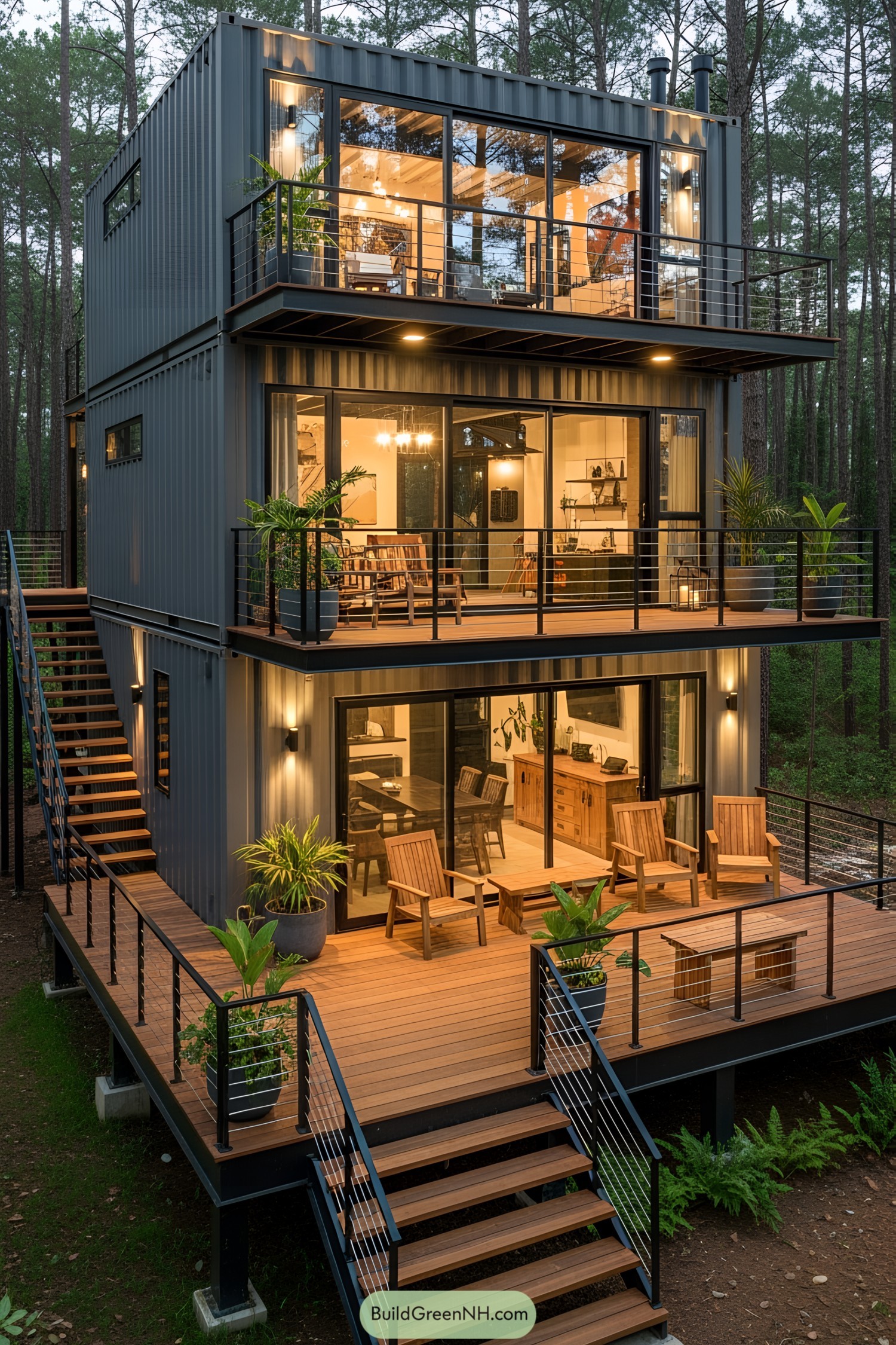 Three-story container home with large windows and outdoor terraces