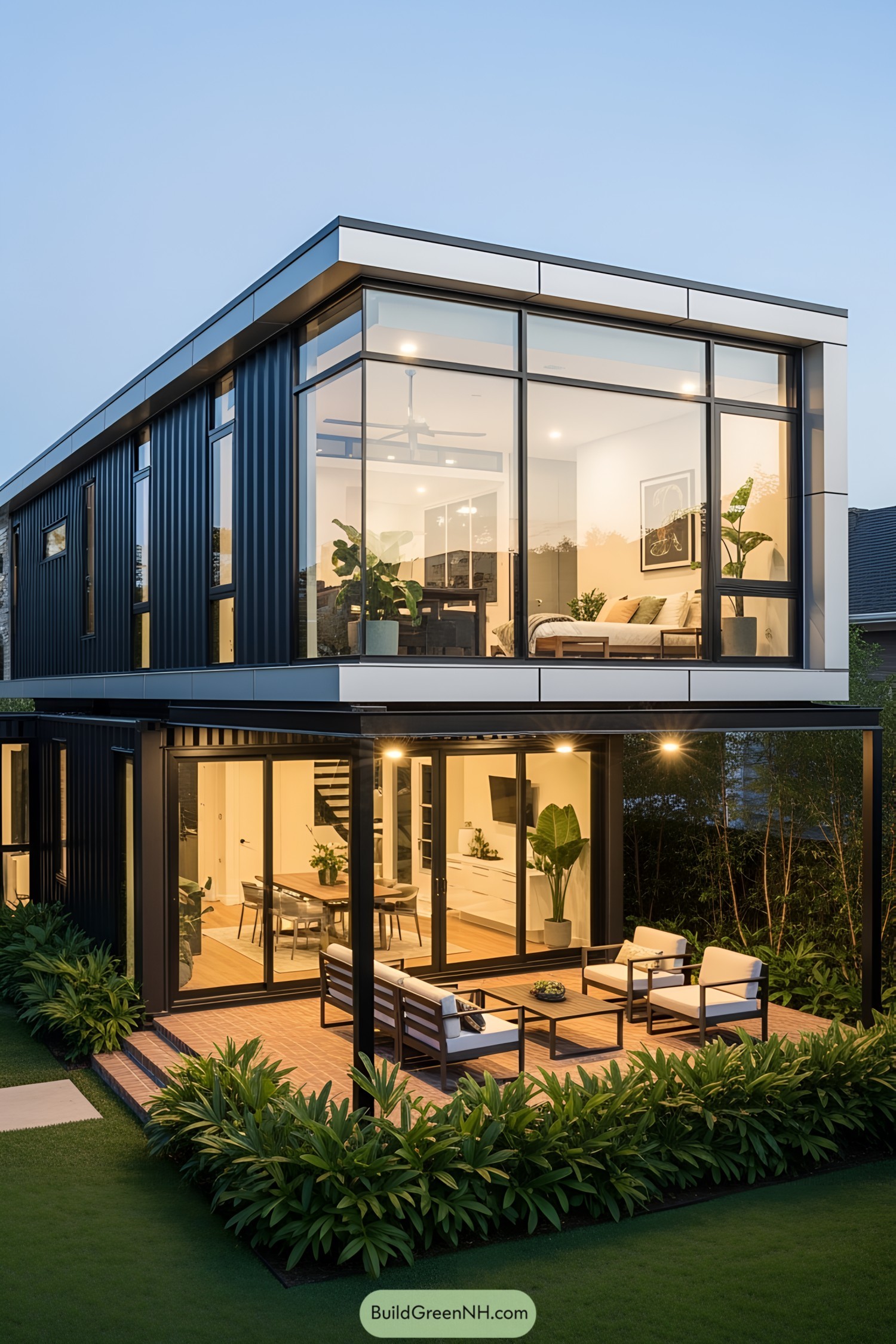 Modern two-story container house with large windows and lush greenery