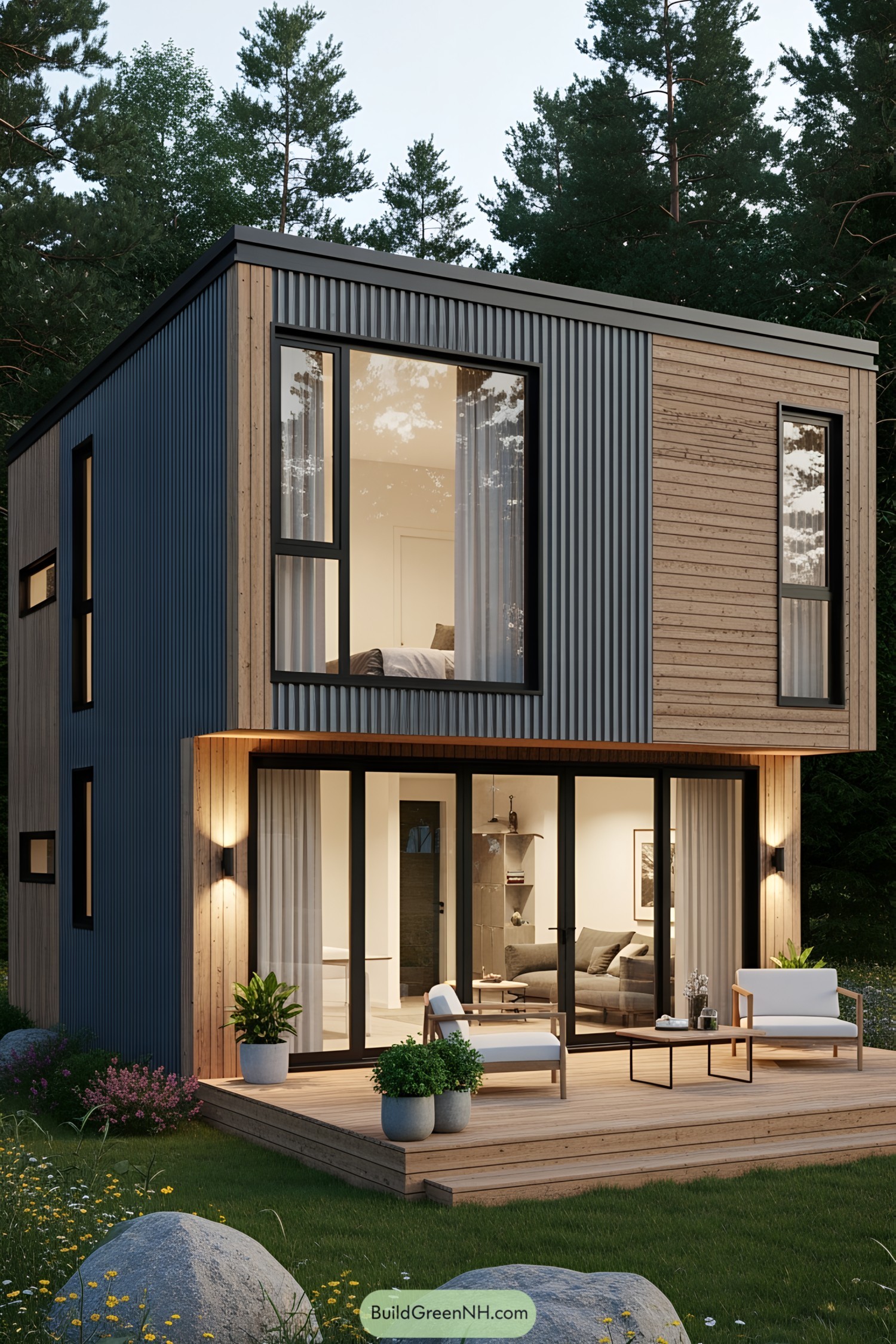 Modern container home with wooden accents and large windows