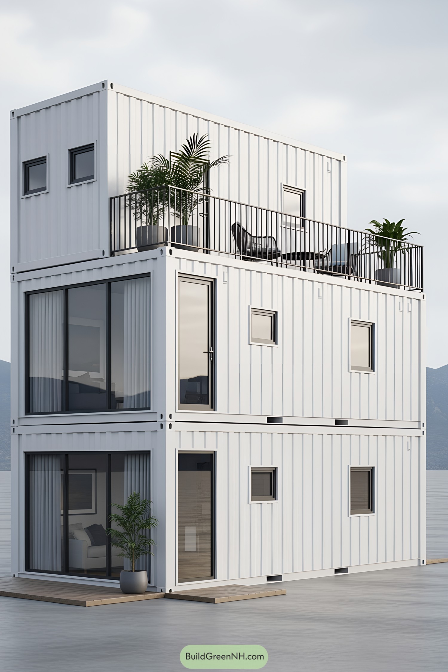 Sleek modern container home with rooftop plants