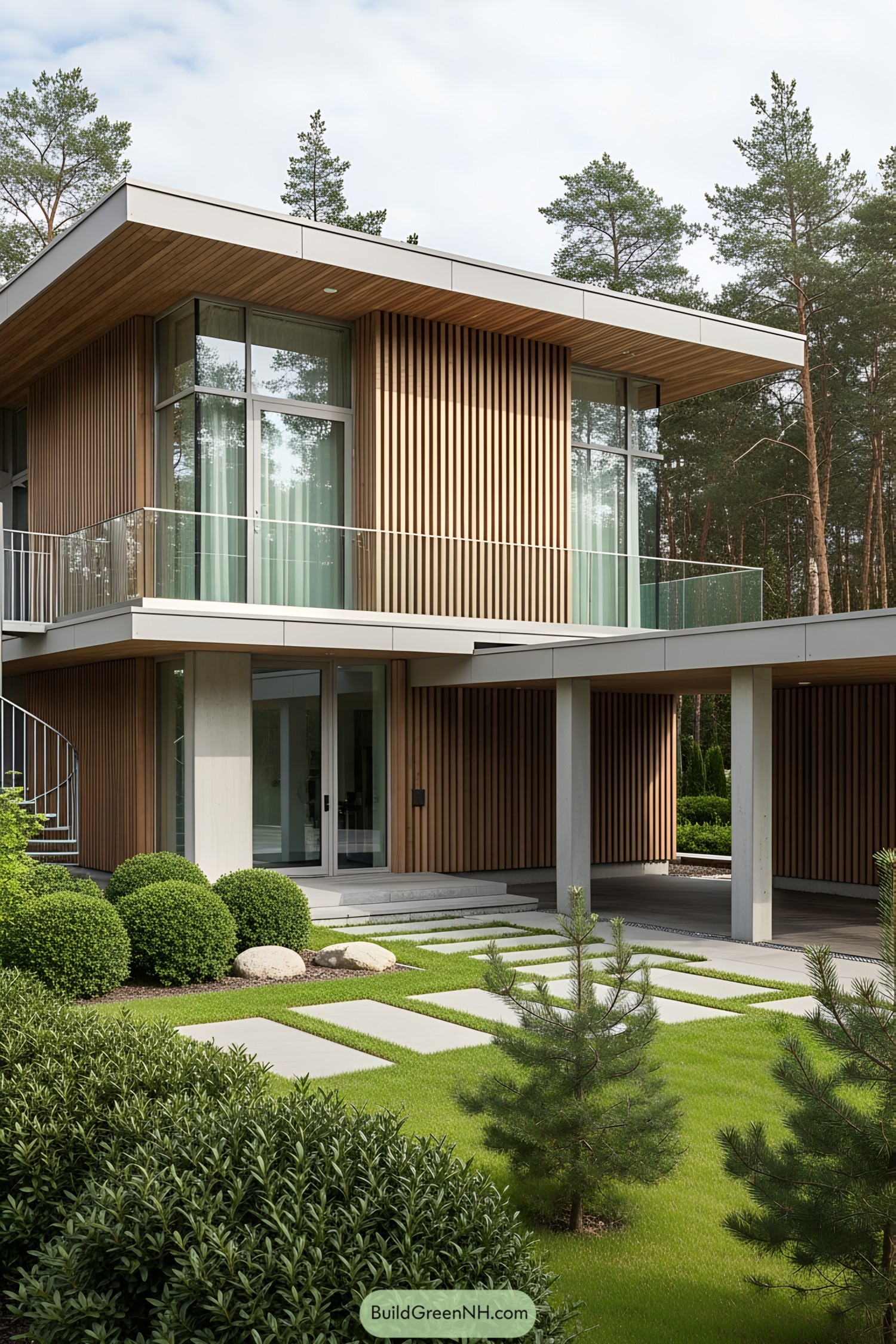 Sleek modern house with vertical wood paneling surrounded by greenery