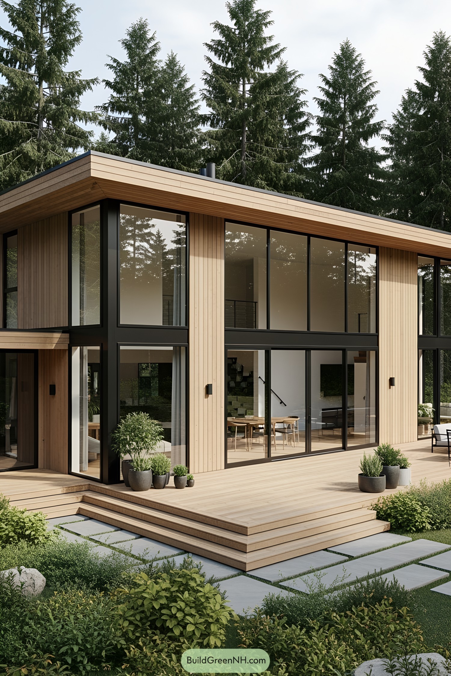 Modern country house with large glass windows and wooden exterior