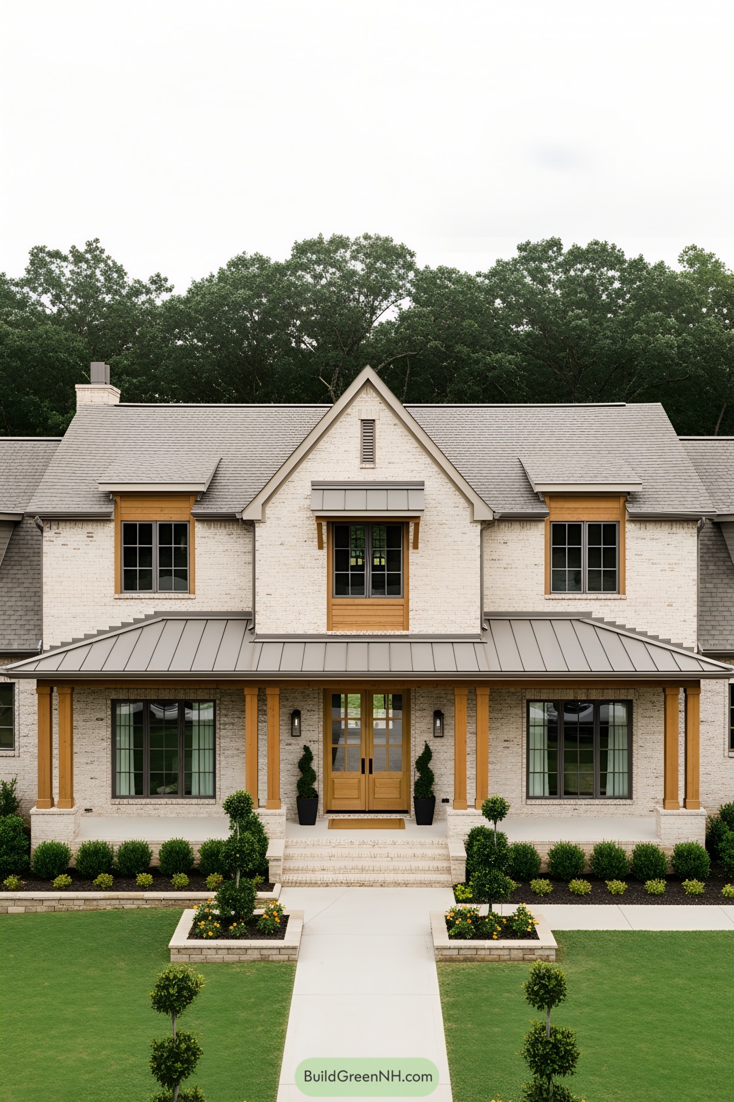 Modern country house with wooden accents and a lush front yard