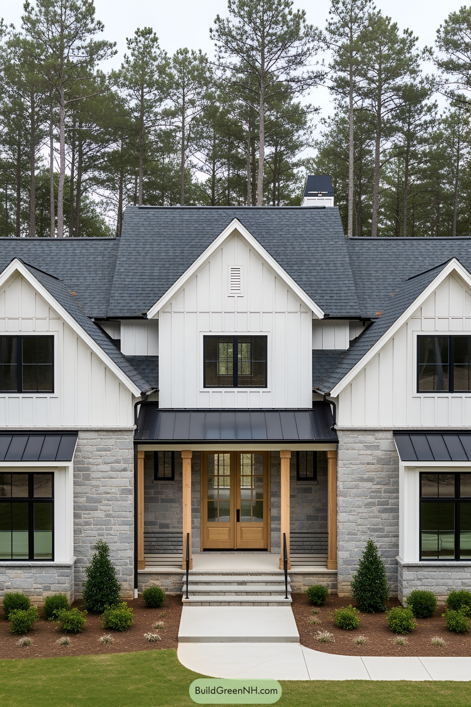 Modern farmhouse with dark roof and white siding