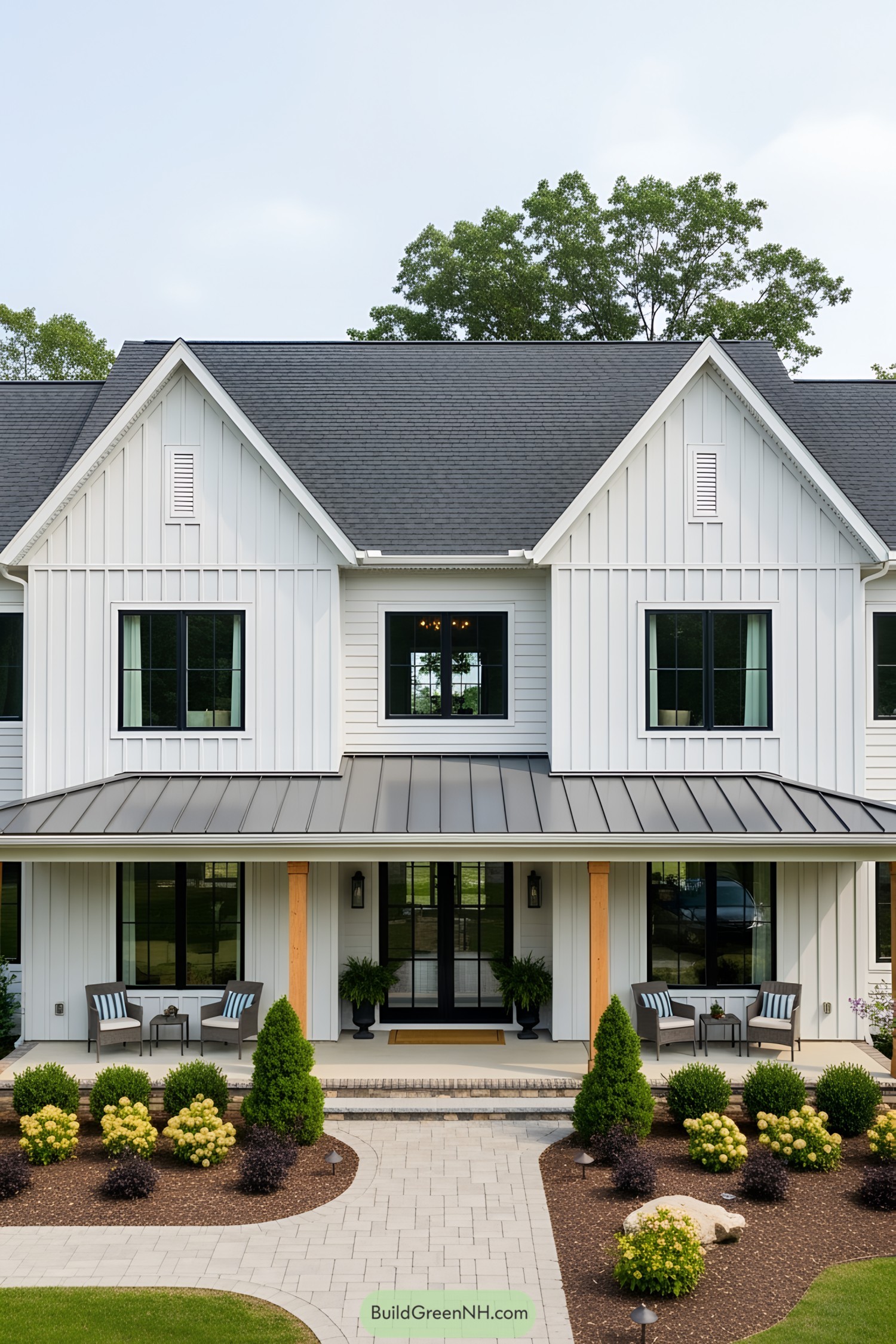 Stylish white modern farmhouse with a sleek roof