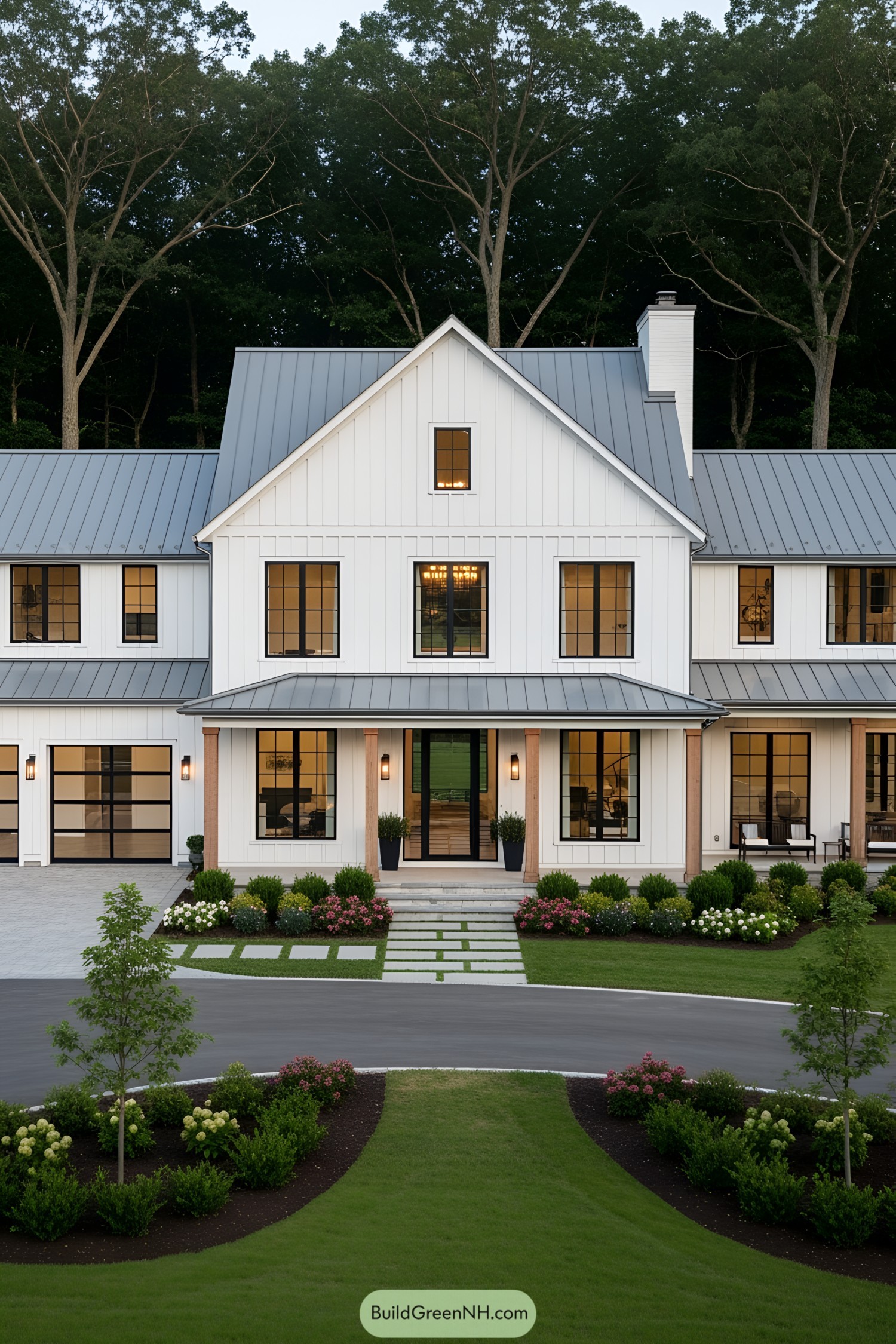 Modern country house with a metal roof and large windows