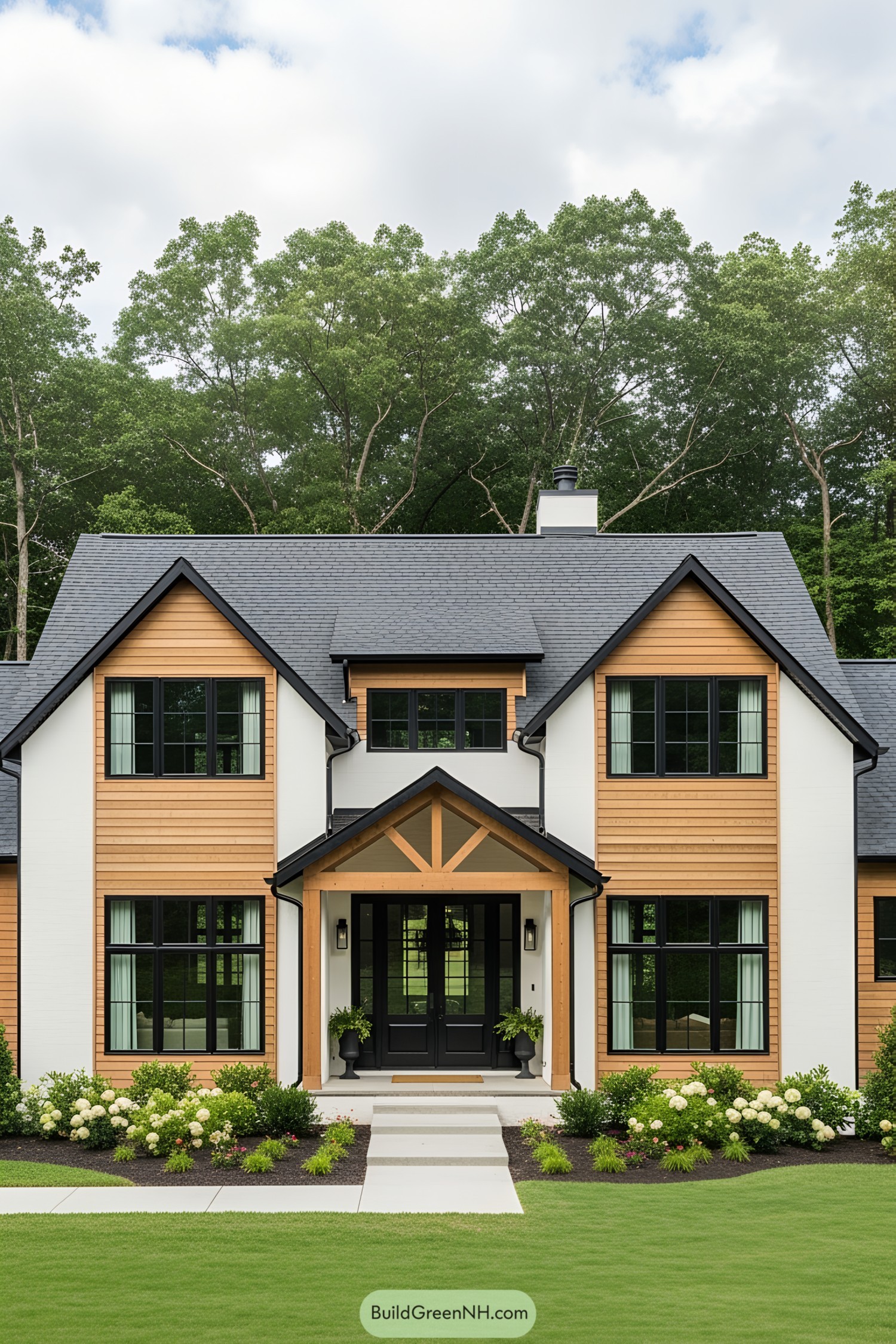 Modern country house with mixed materials and lush greenery
