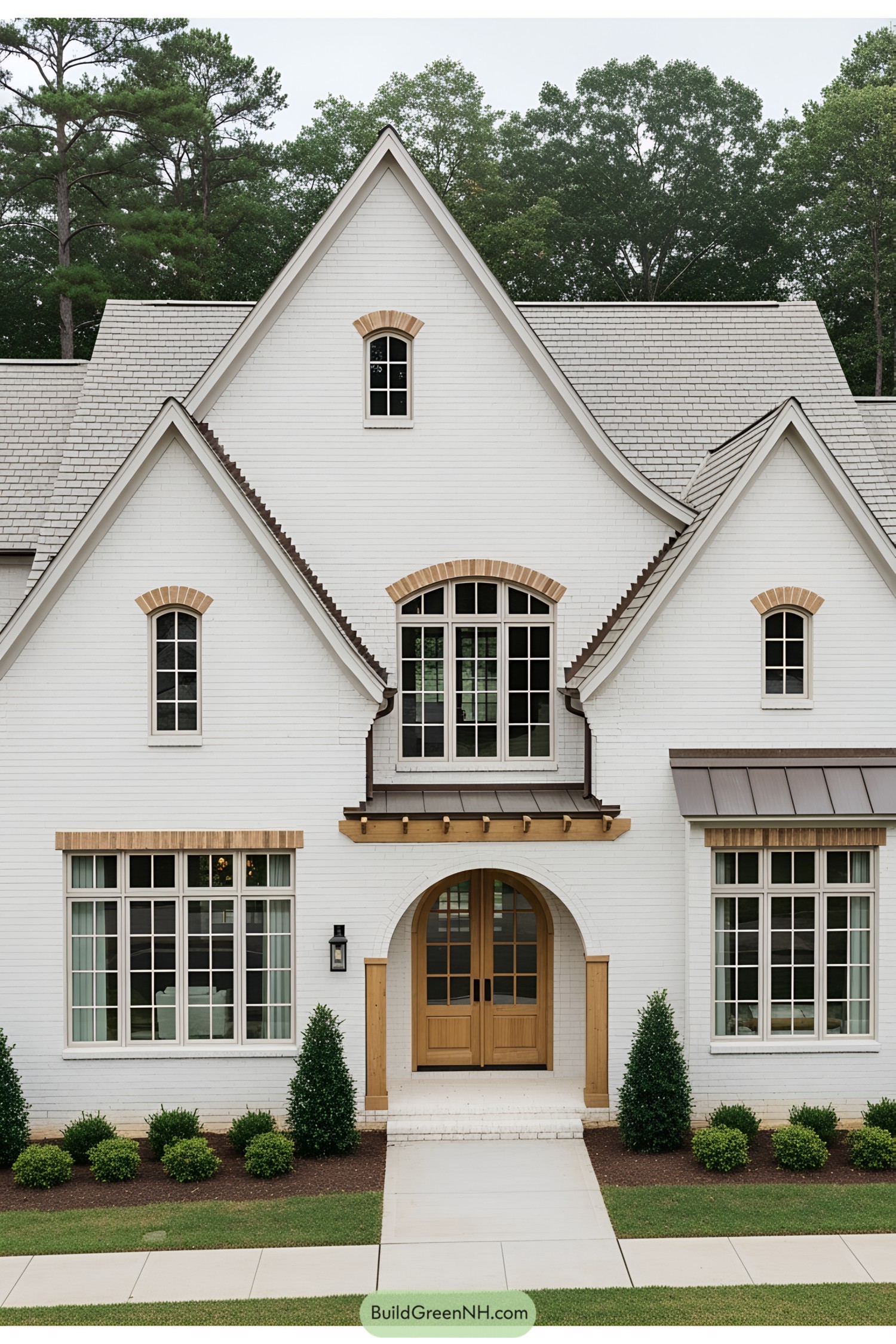Elegant white brick cottage with large windows and greenery