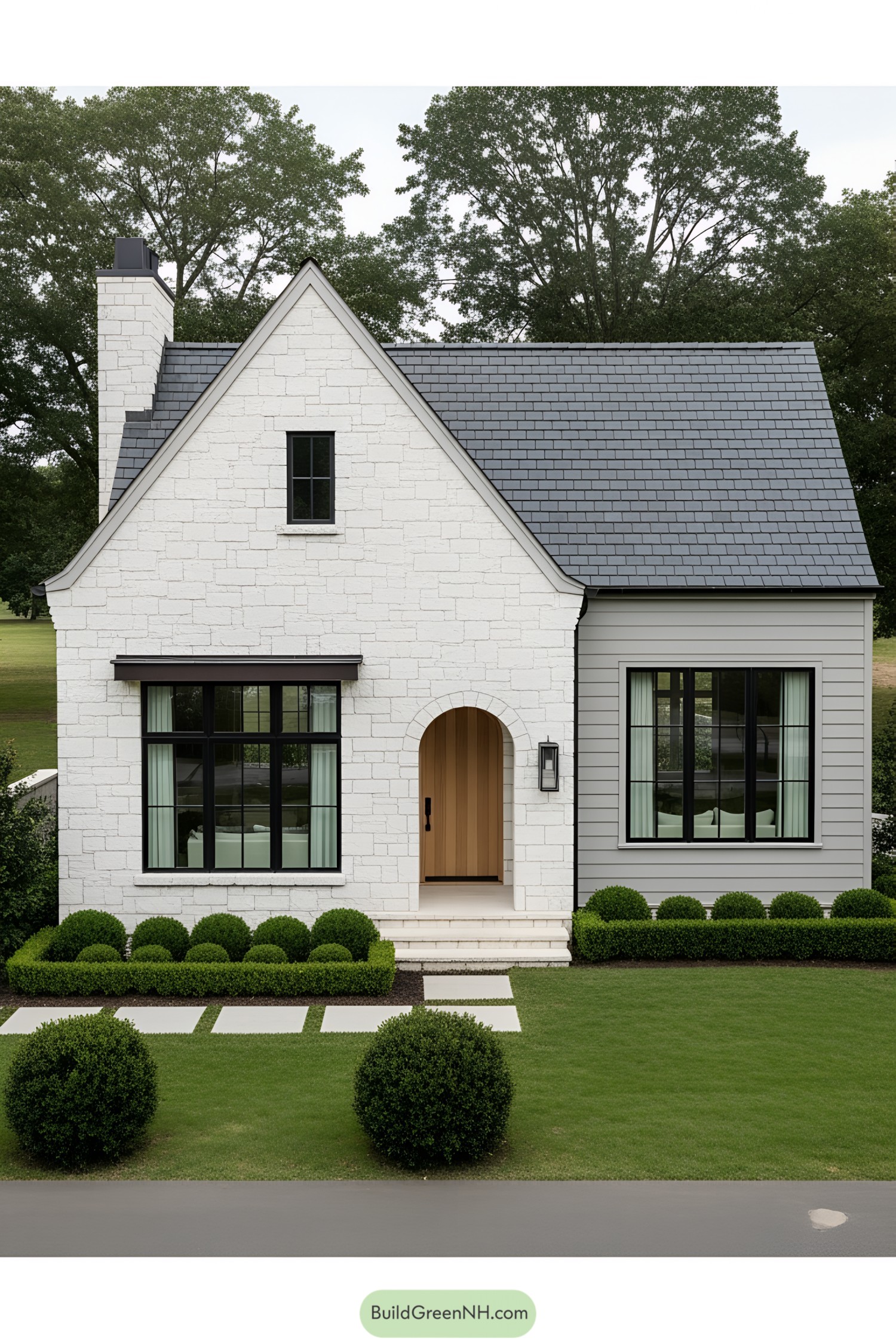 Modern European-style cottage with grey and white facade