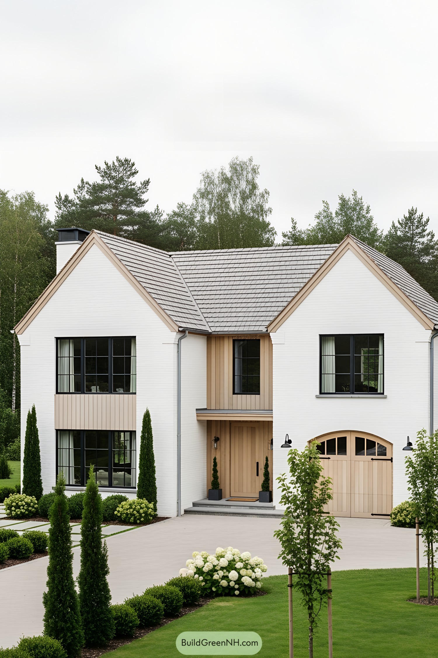 White brick cottage with black windows and wood accents