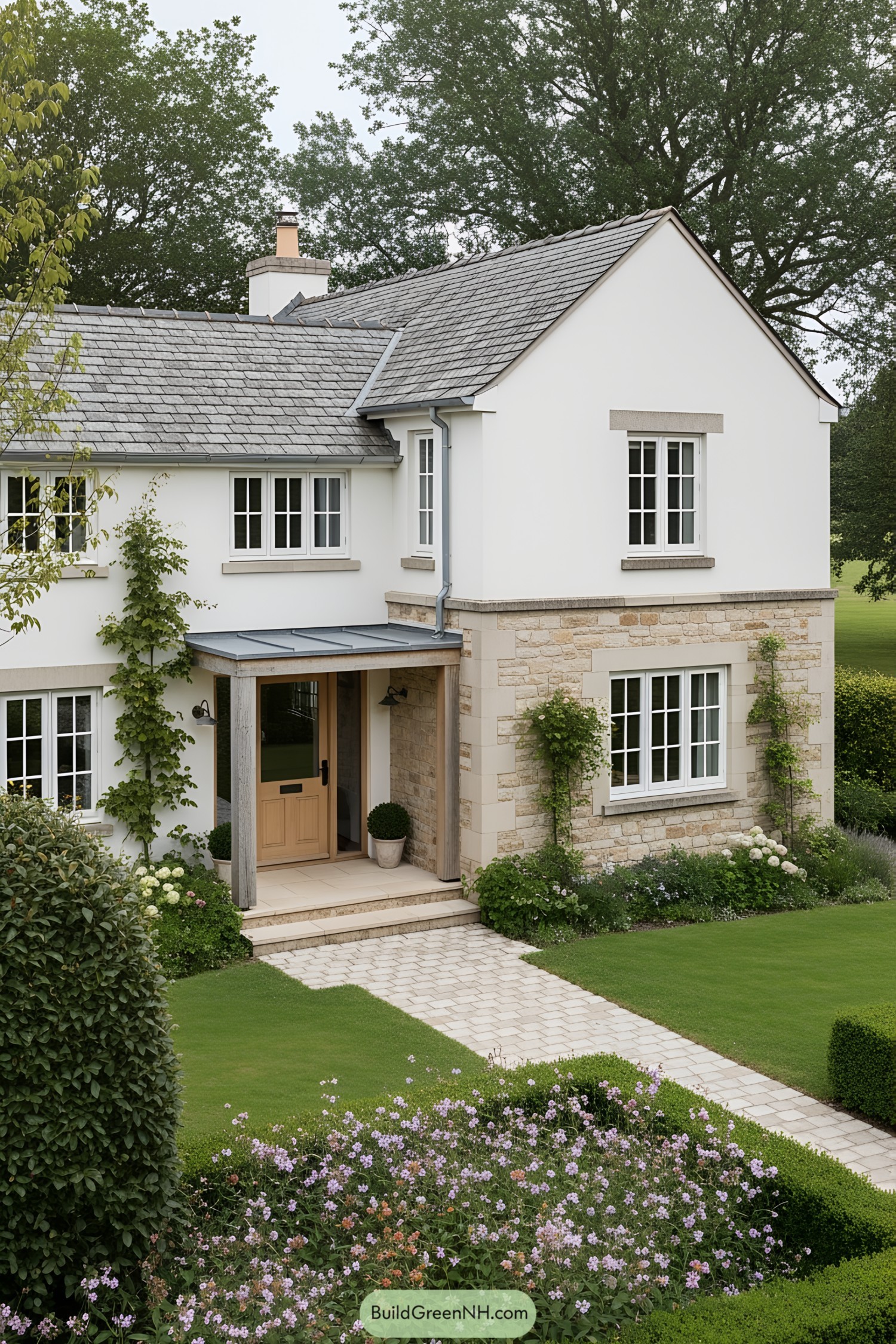Cozy cottage surrounded by lush greenery