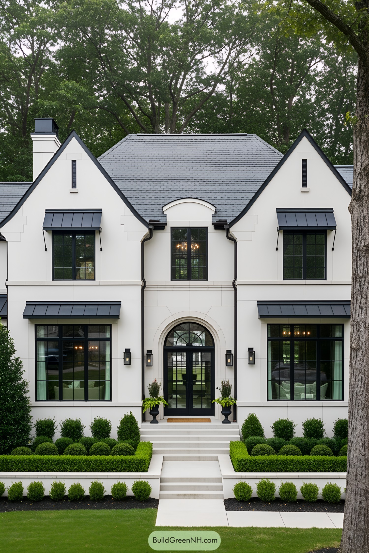 Contemporary white cottage amidst lush greenery