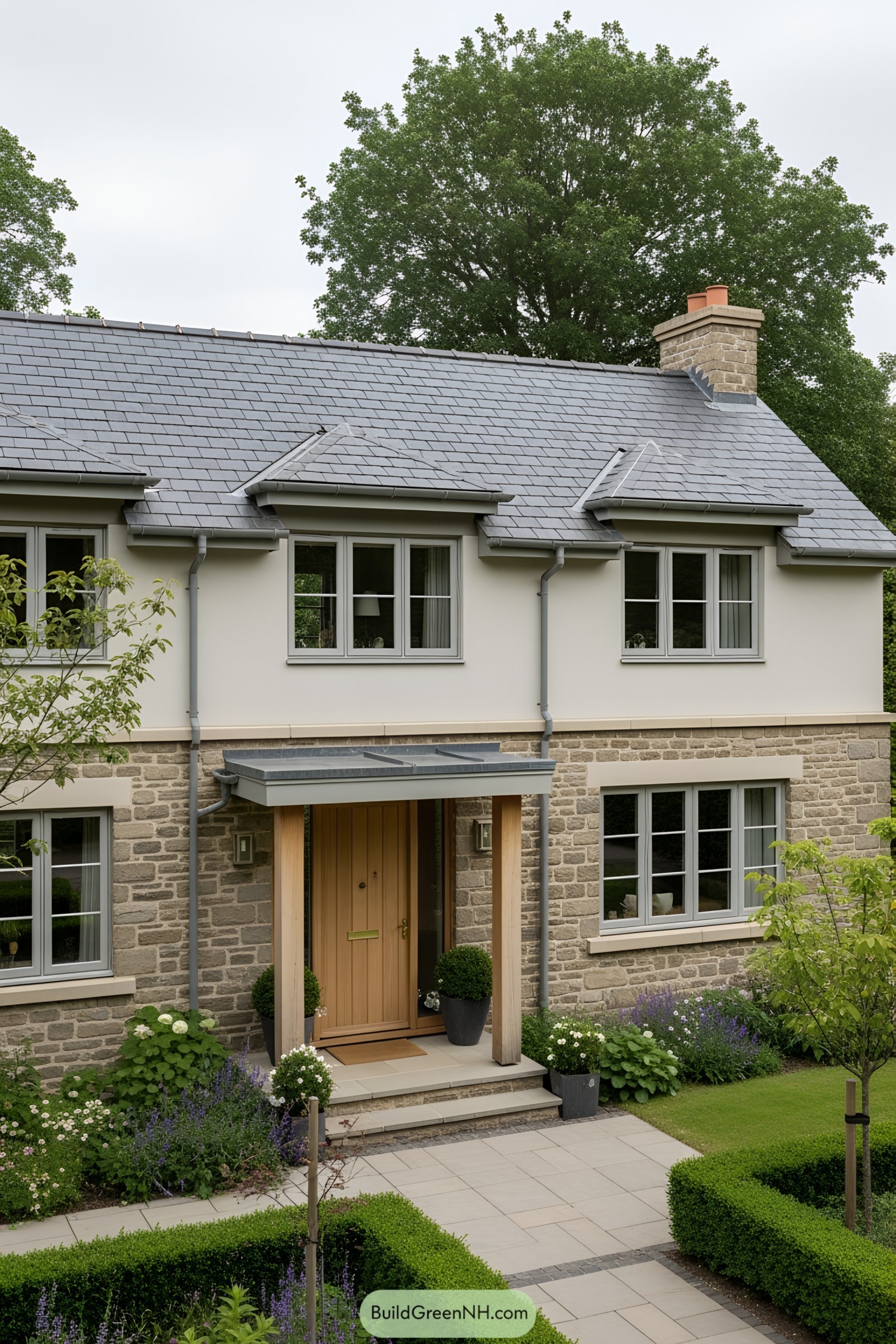 Front of a modern cottage with stone facade and vibrant garden