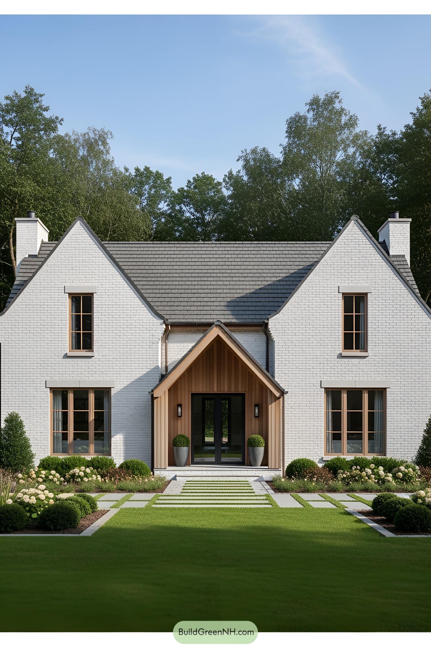Modern European Cottage with White Brick and Wooden Accents