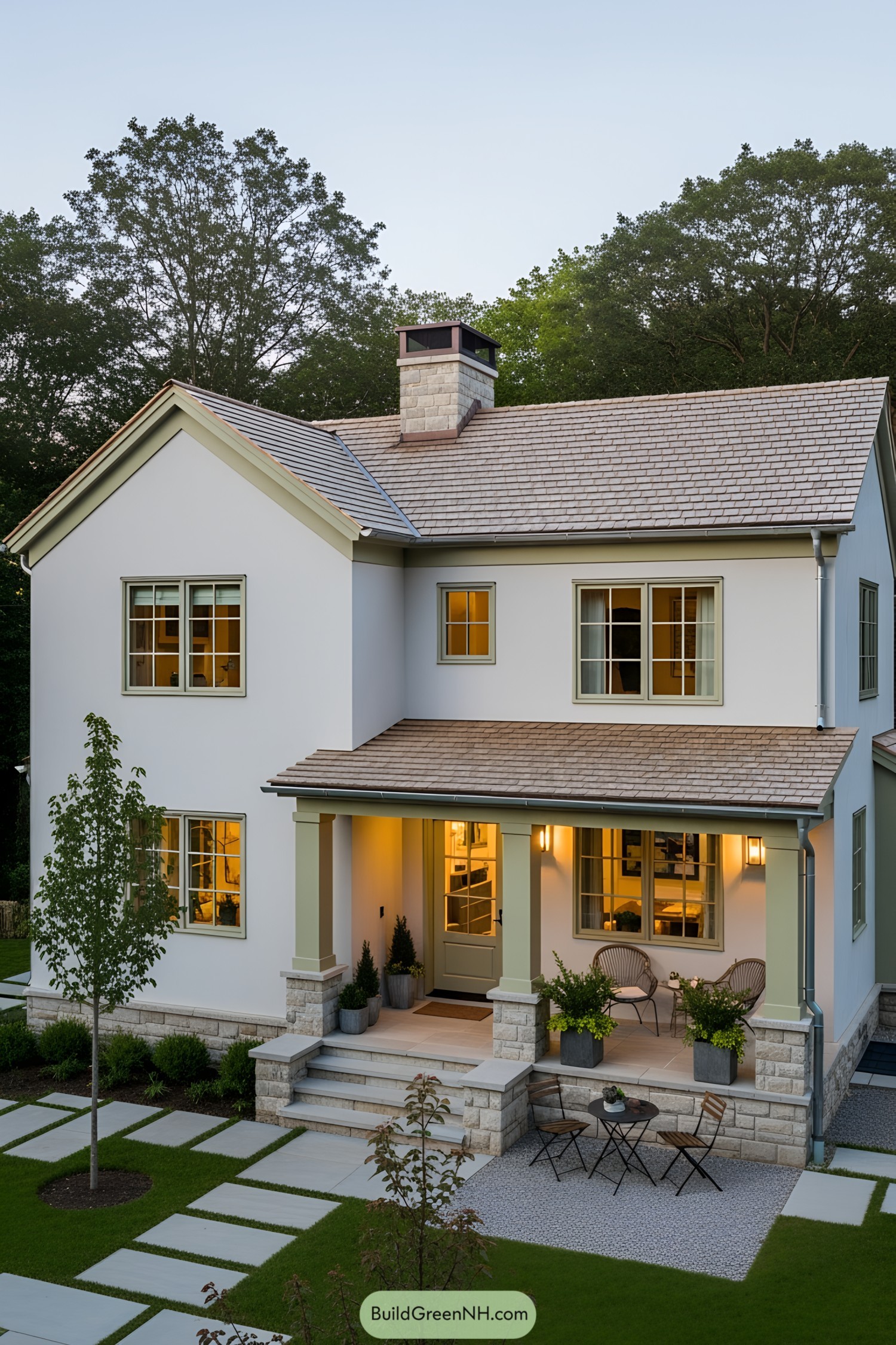 Modern European cottage with stone accents and lush greenery